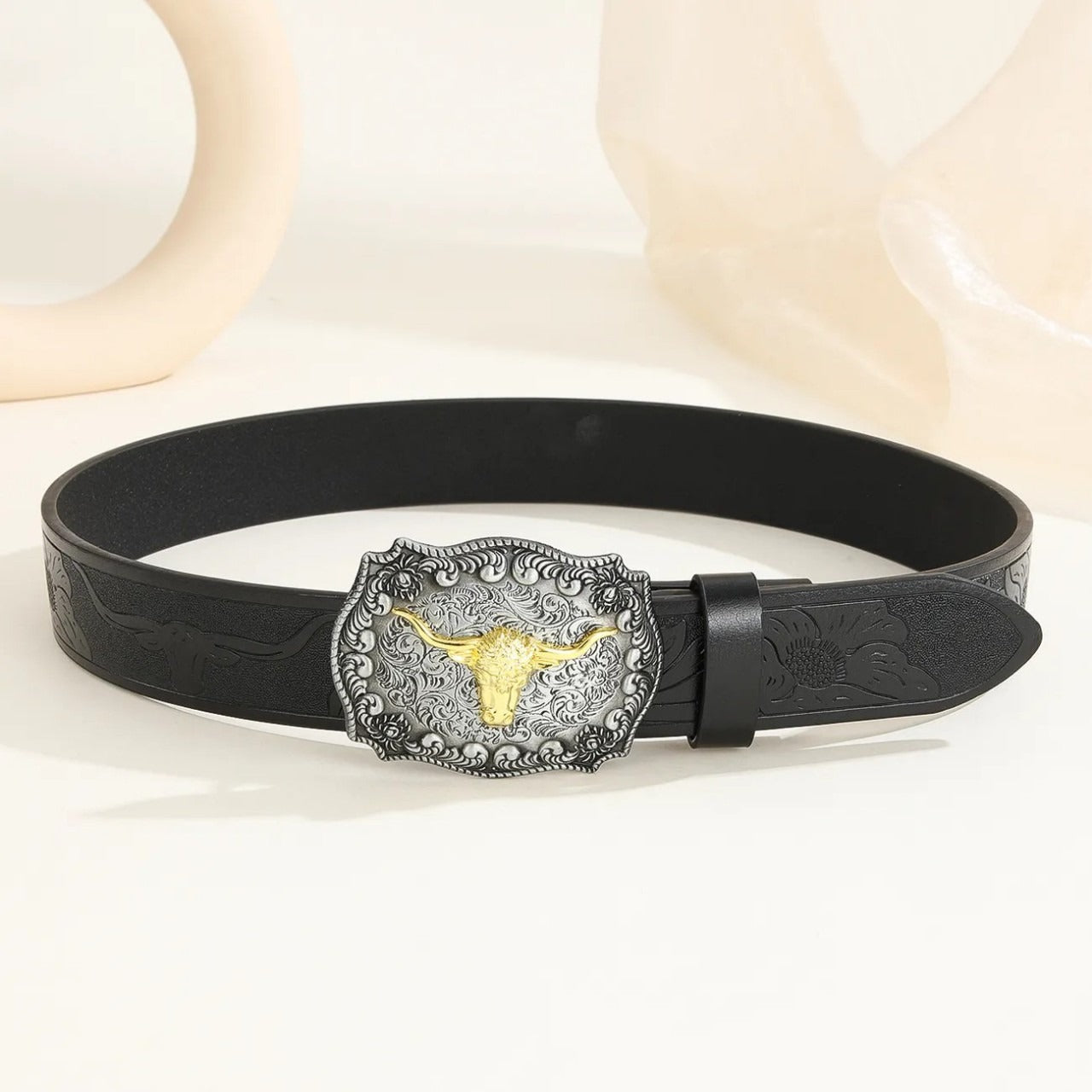Western Cowboy Belt Versatile Bull Head Big Board Buckle Cowboy Carving Ethnic Style Male Punk PU Leather Belt