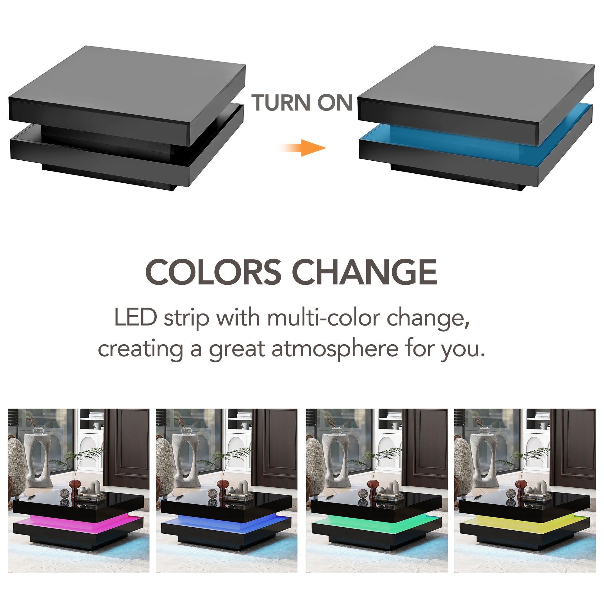 ON-TREND High Gloss Minimalist Design with LED Lights 2-Tier Square Coffee Table Black