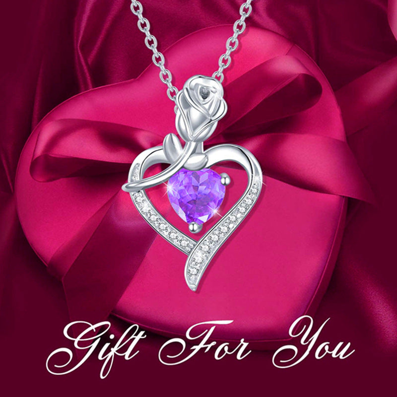 Fashionable Women's Rose Heart Shape Diamond Pendant Necklace Mother's Day Gift