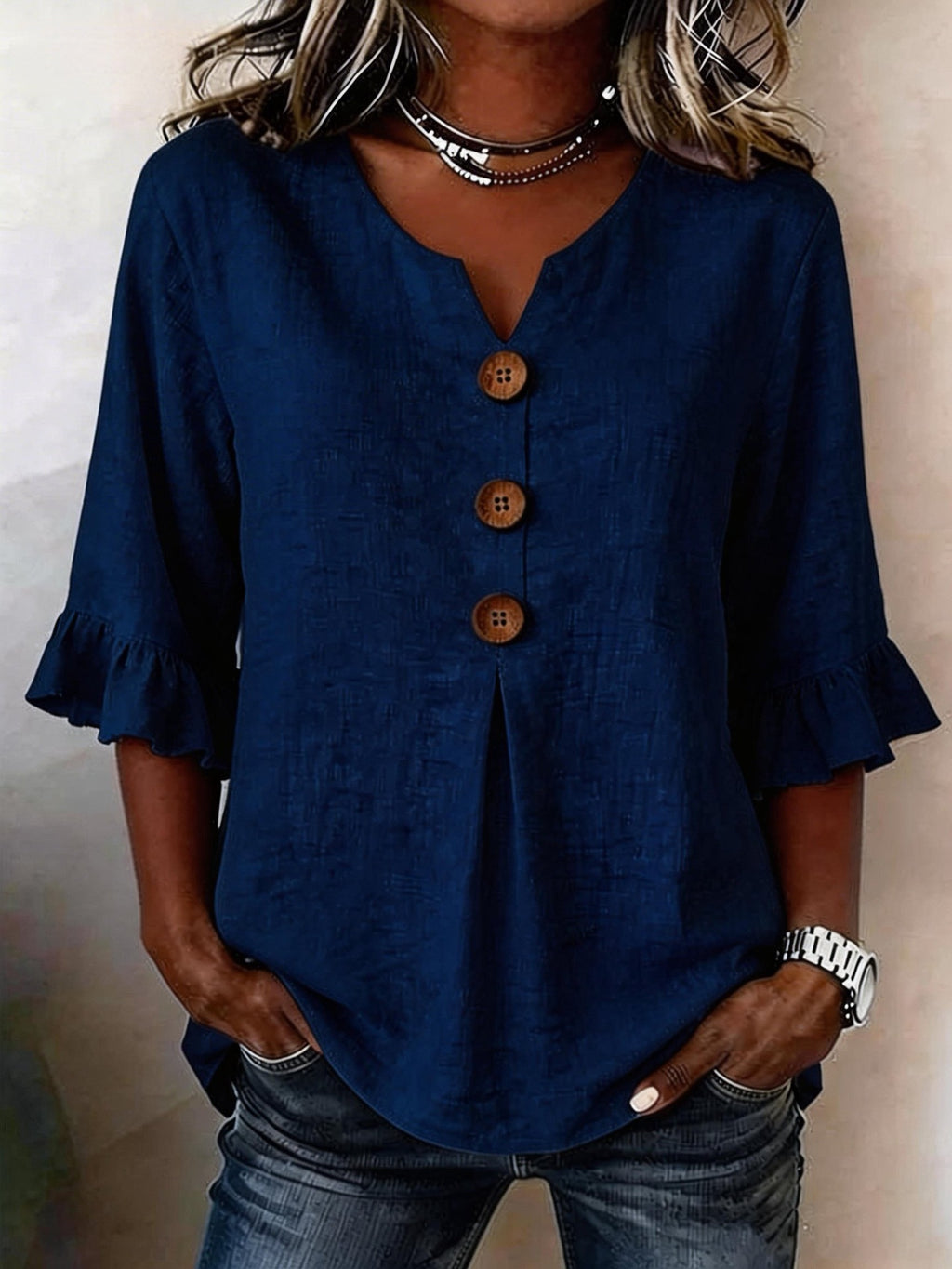 Fashionable Cotton Linen V-Neck Button-Up Blouse for Women Summer Casual Top