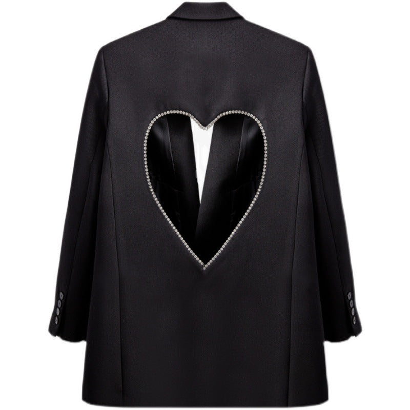 Design sense: Diamond studded backless hollow black suit jacket for women, autumn and winter explosive street love diamond versatile loose suit