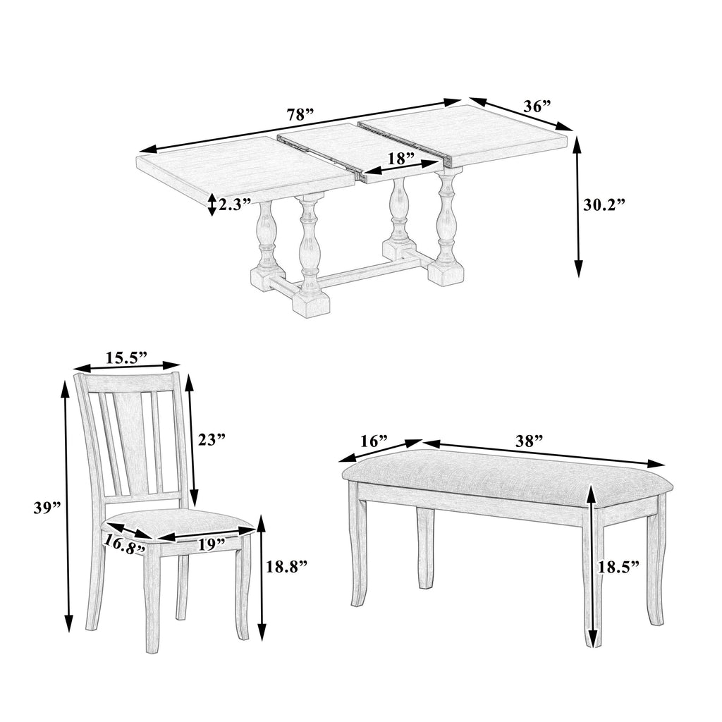Traditional 6-Piece 78inch Trestle Extendable Dining Table Set with One 18inch Removable Leaf Padded Dining Chairs Bench,Natural