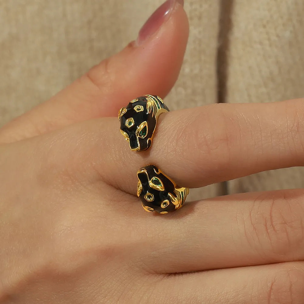 Black Panther Diamond Set Enamel Glazed Open Ring Fashionable and niche Design Jewelry for Women