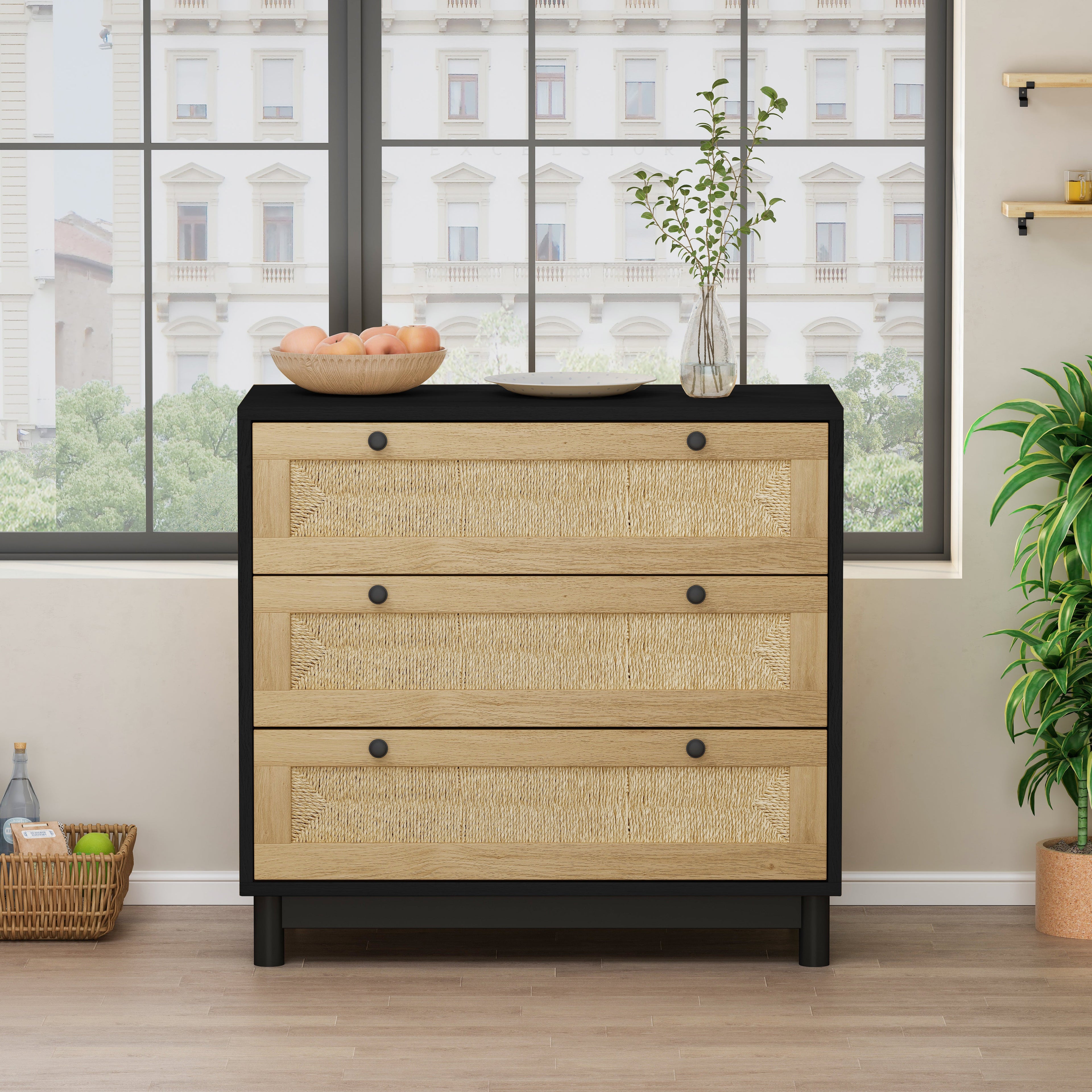 30.31"3-Drawers Storage Cabinet Rope Woven Drawer,for Bedroom,Living Room,Dining Room,Hallways,Black