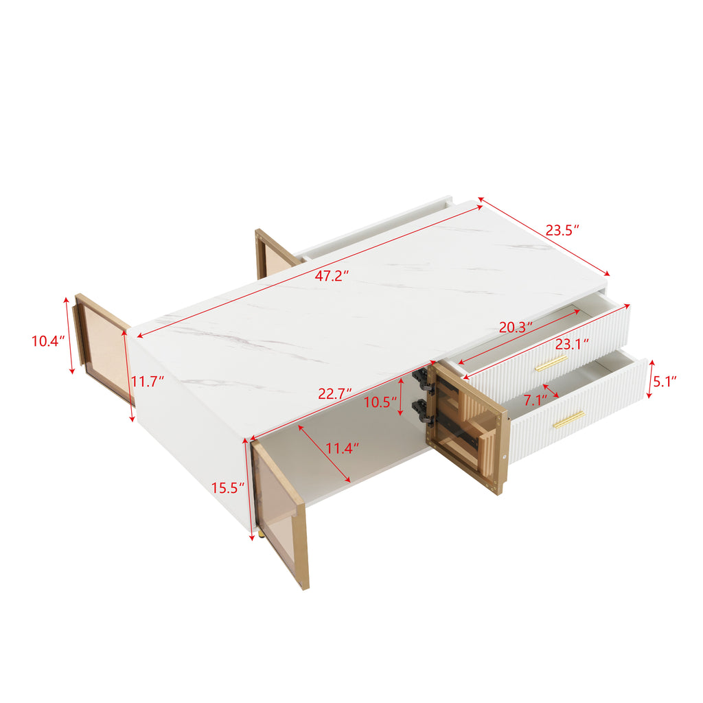 Modern White Coffee Table with 2 Glass Door Storage, 4 Drawers, Gold Metal Legs, and Multi-Color Lighting in 47.2'