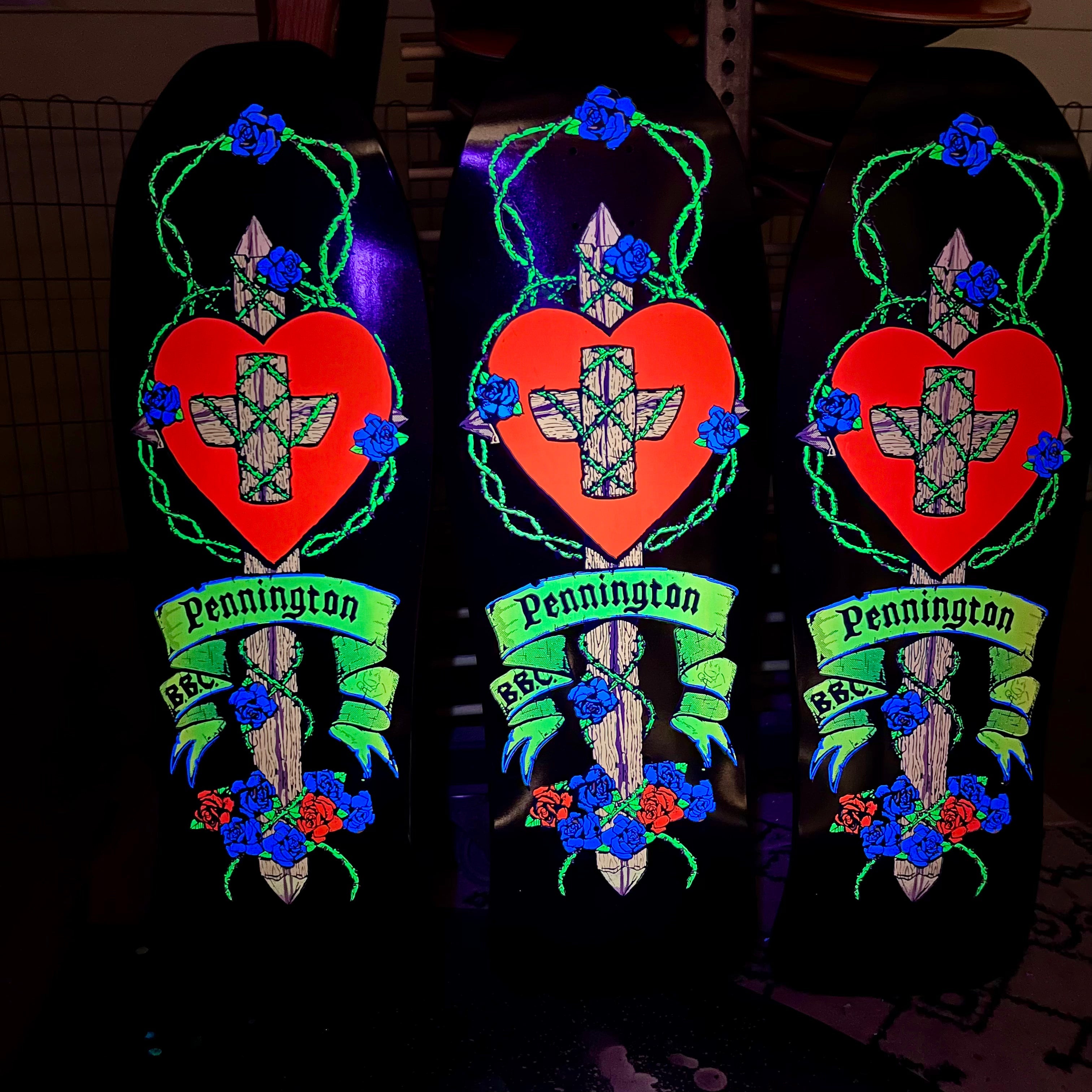 Bryan Pennington BBC GLOW-IN-DARK Crucifix HAND-PAINTED, LIMITED-EDITION Deck 10.3" x30.5" (1 of 10)