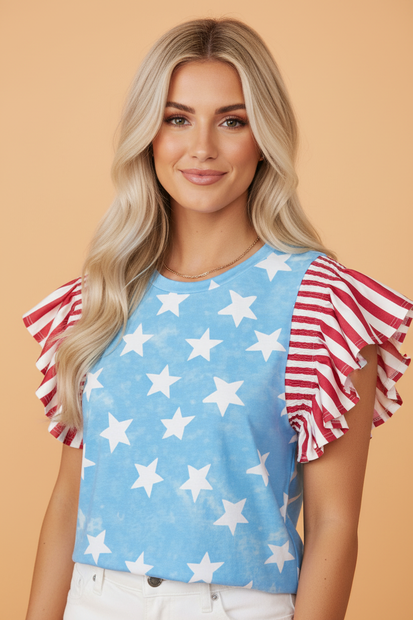 Stars & Stripes Mineral Wash Ruffle Sleeve Top - Andersen Mercantile
