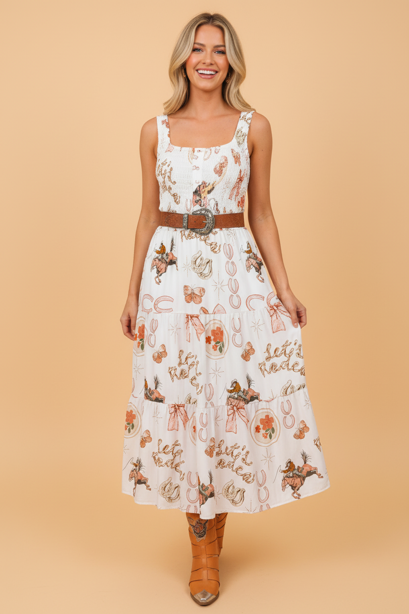 Western Horseshoe Smocked Sleeveless Midi Dress - Andersen Mercantile