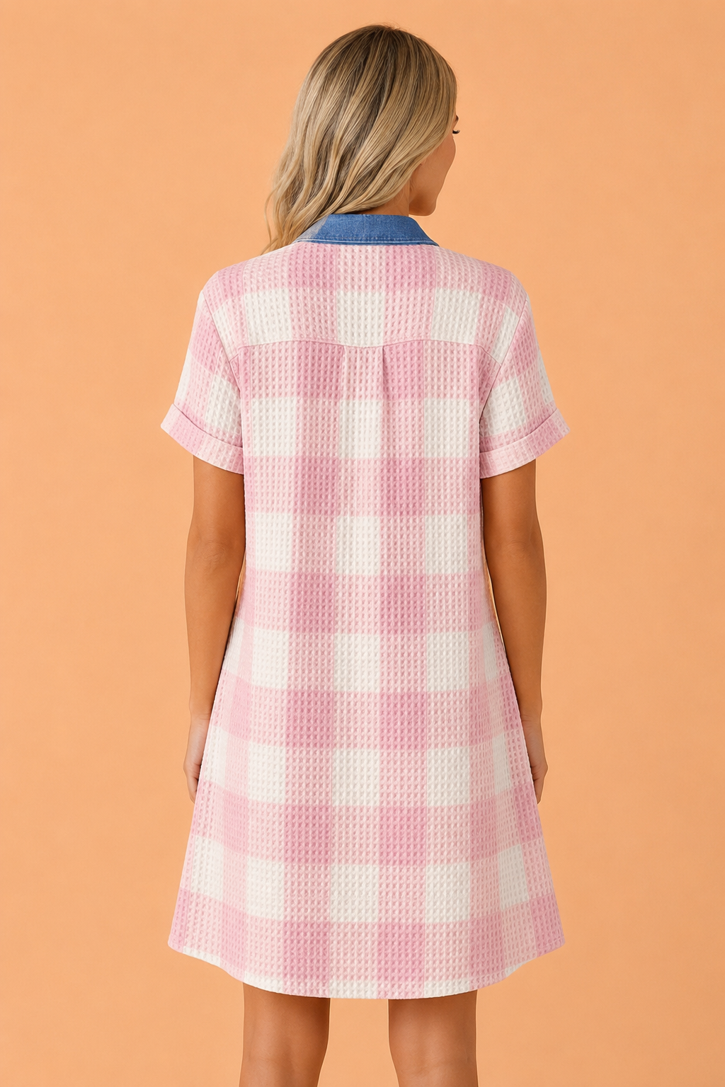 Plaid Contrast Denim Collared T-Shirt Mini Dress