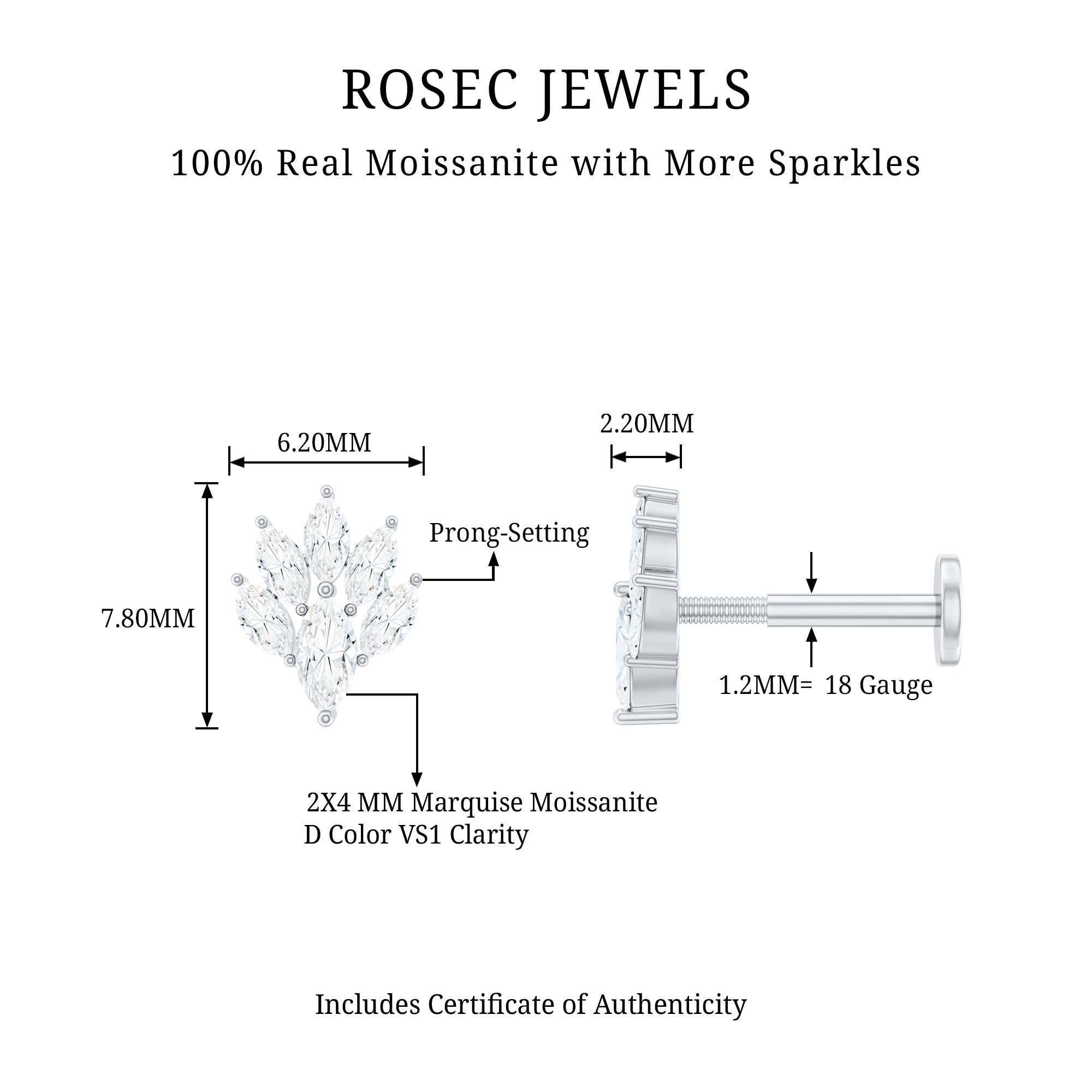 Marquise Moissanite Cluster Leaf Earring for Cartilage Piercing