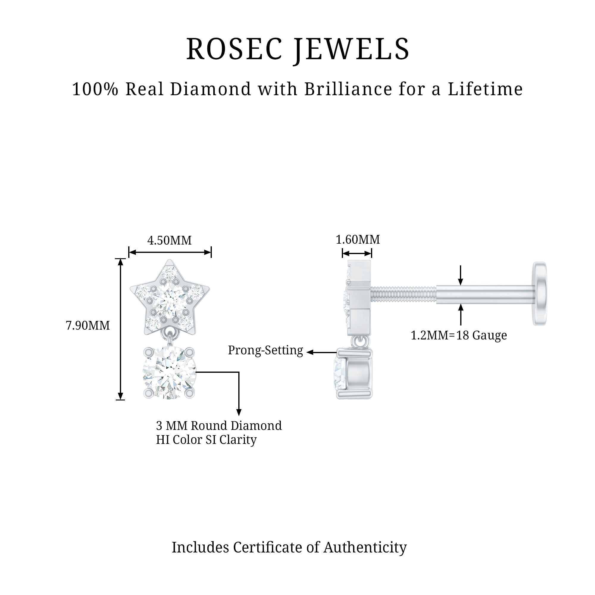 Star Diamond Drop Earring for Helix Piercing