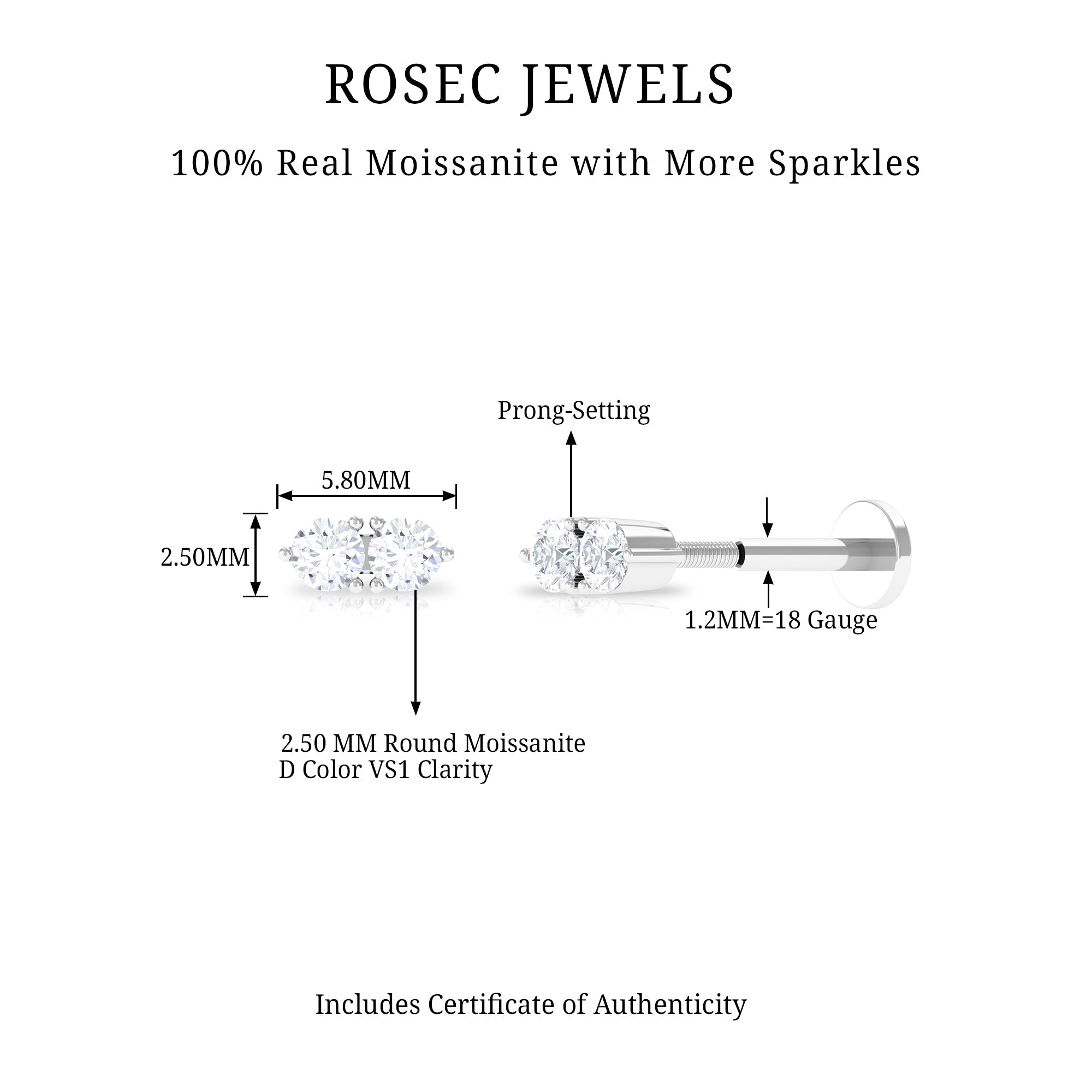 Minimalist Moissanite 2 Stone Earring for Tragus Piercing