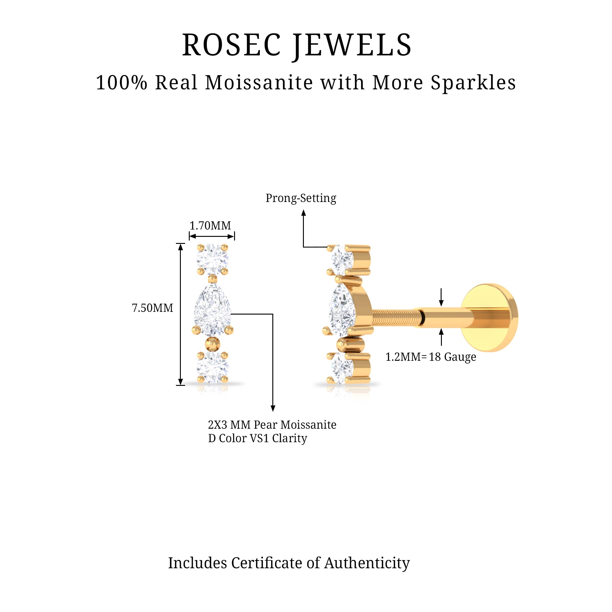 Certified Moissanite 3 Stone Tragus Earring