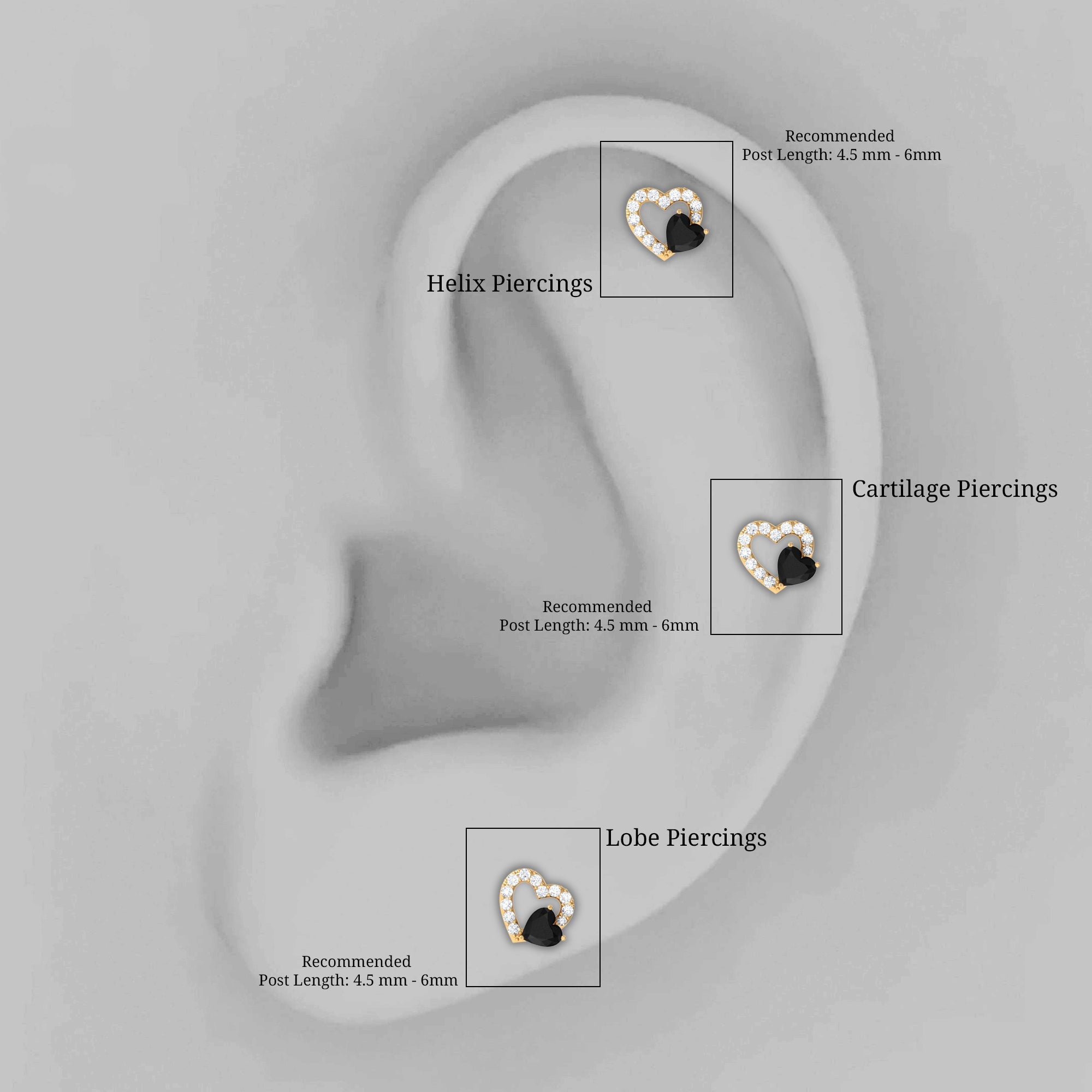 Heart Shape Black Onyx and Moissanite Cartilage Earring