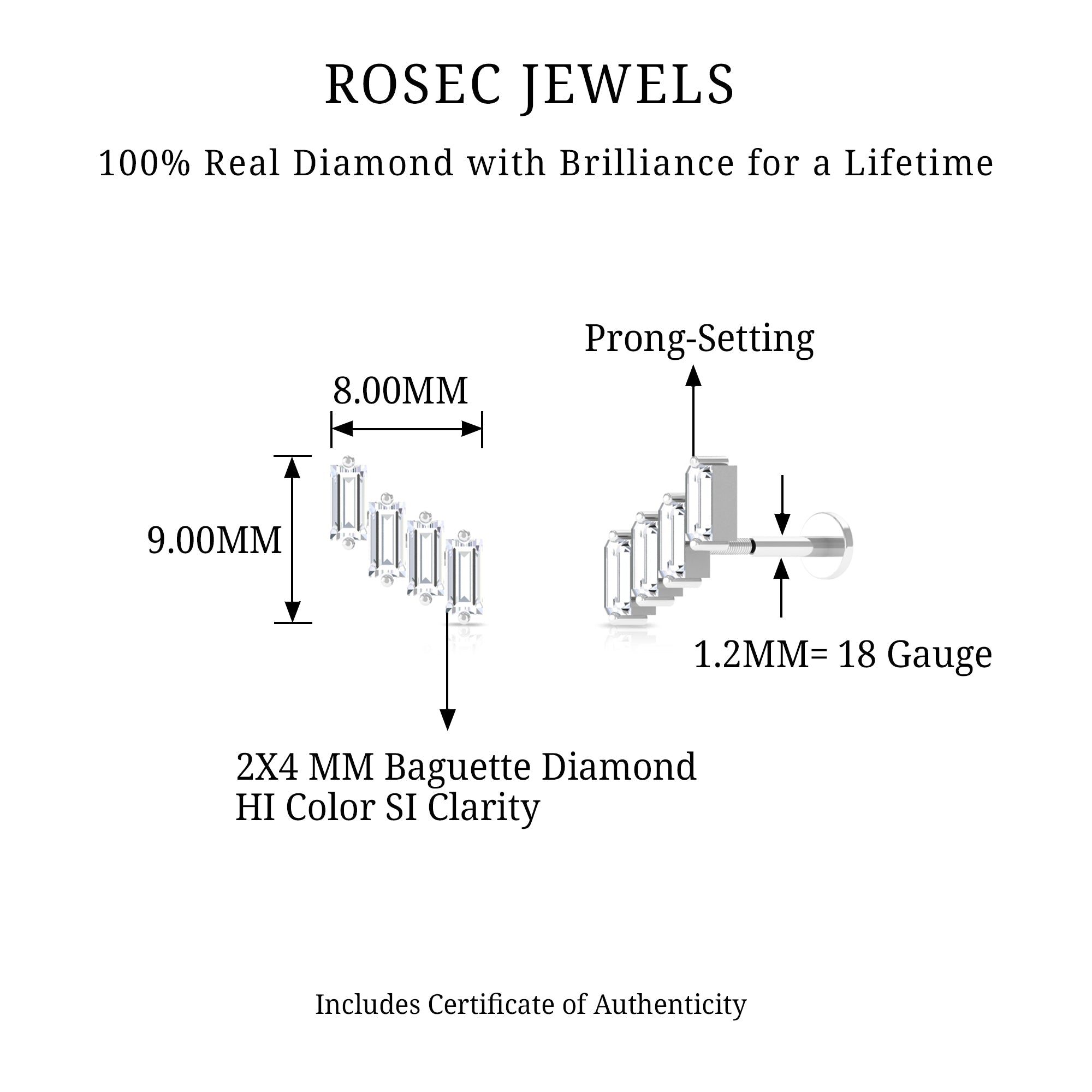 Baguette Diamond Helix Earring with Flat Back