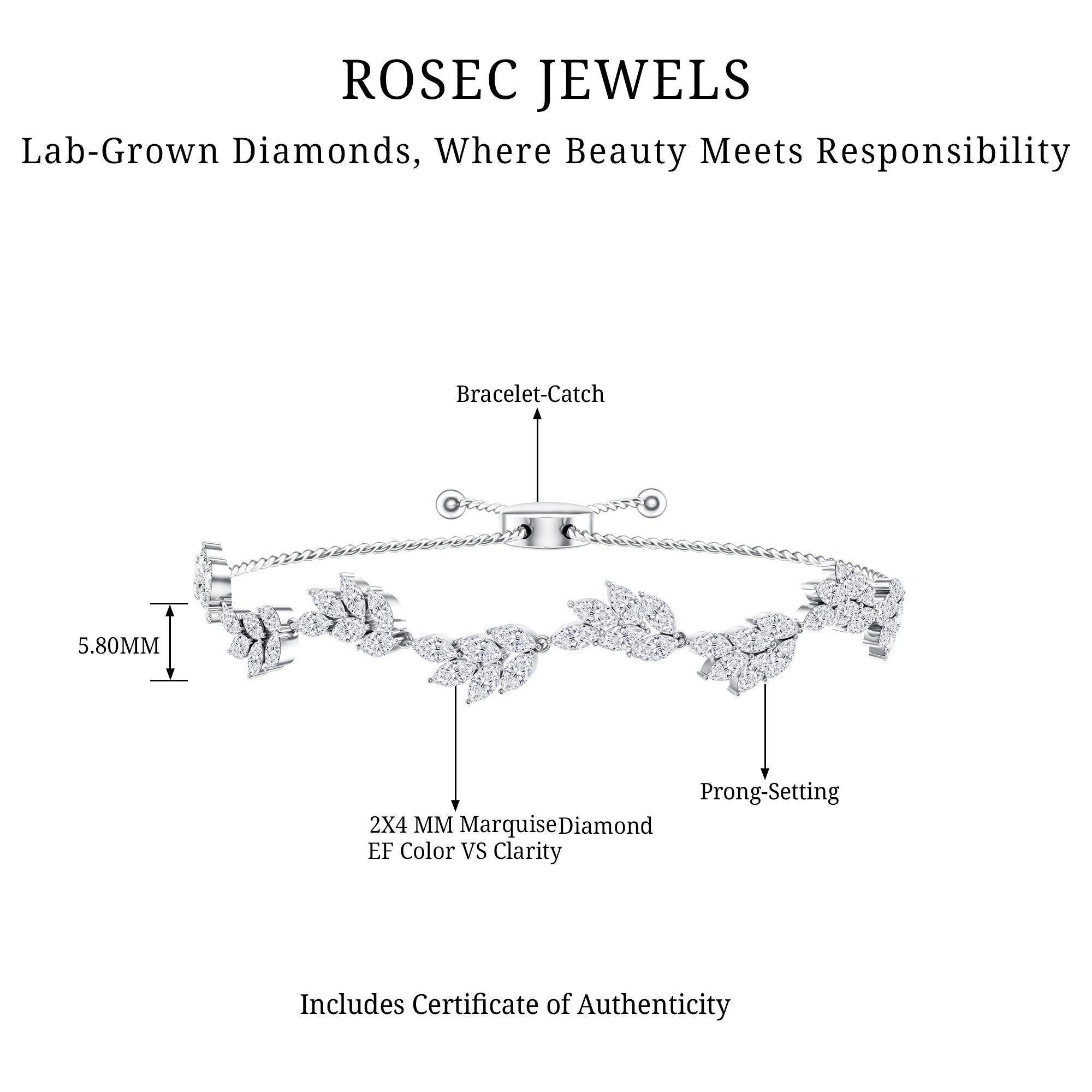 Certified Lab Grown Diamond Leaf Bolo Bracelet Adjustable