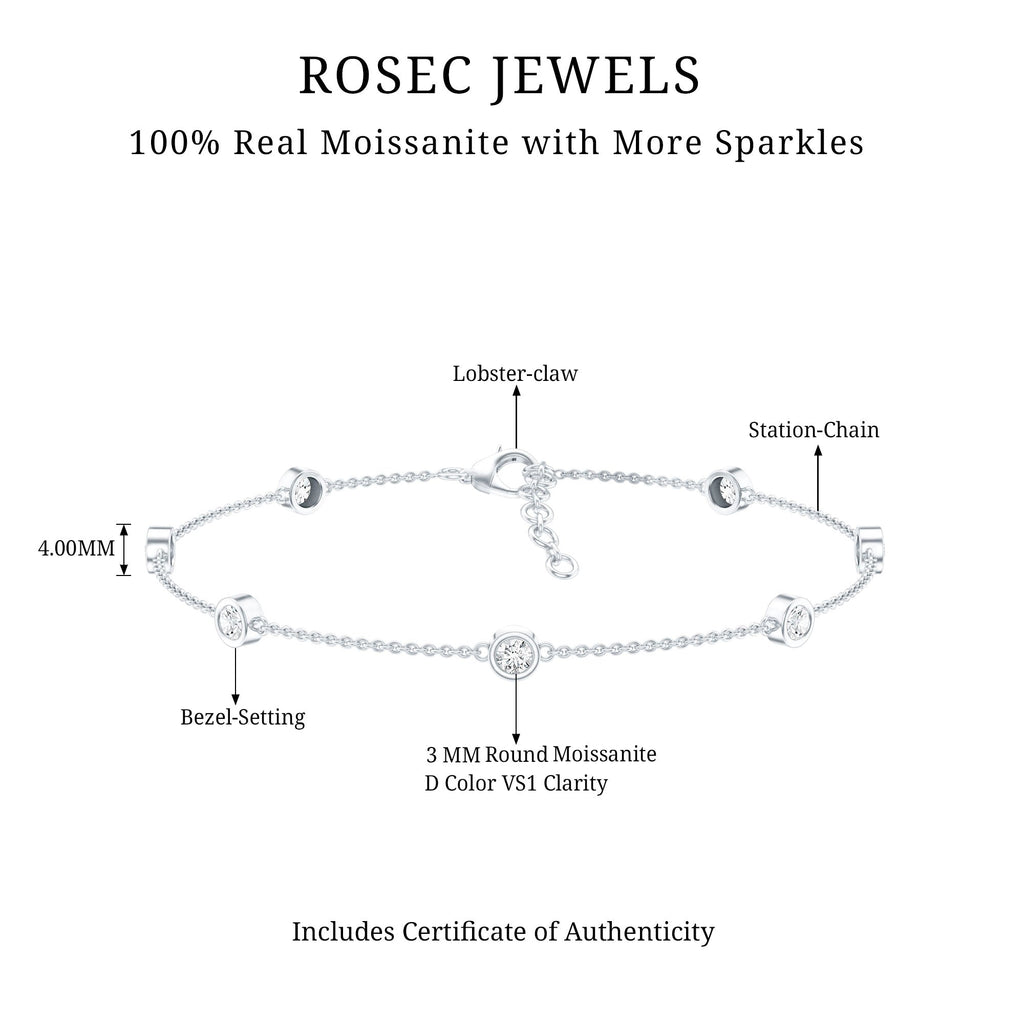 Bezel Set Moissanite Station Bracelet in Silver for Women