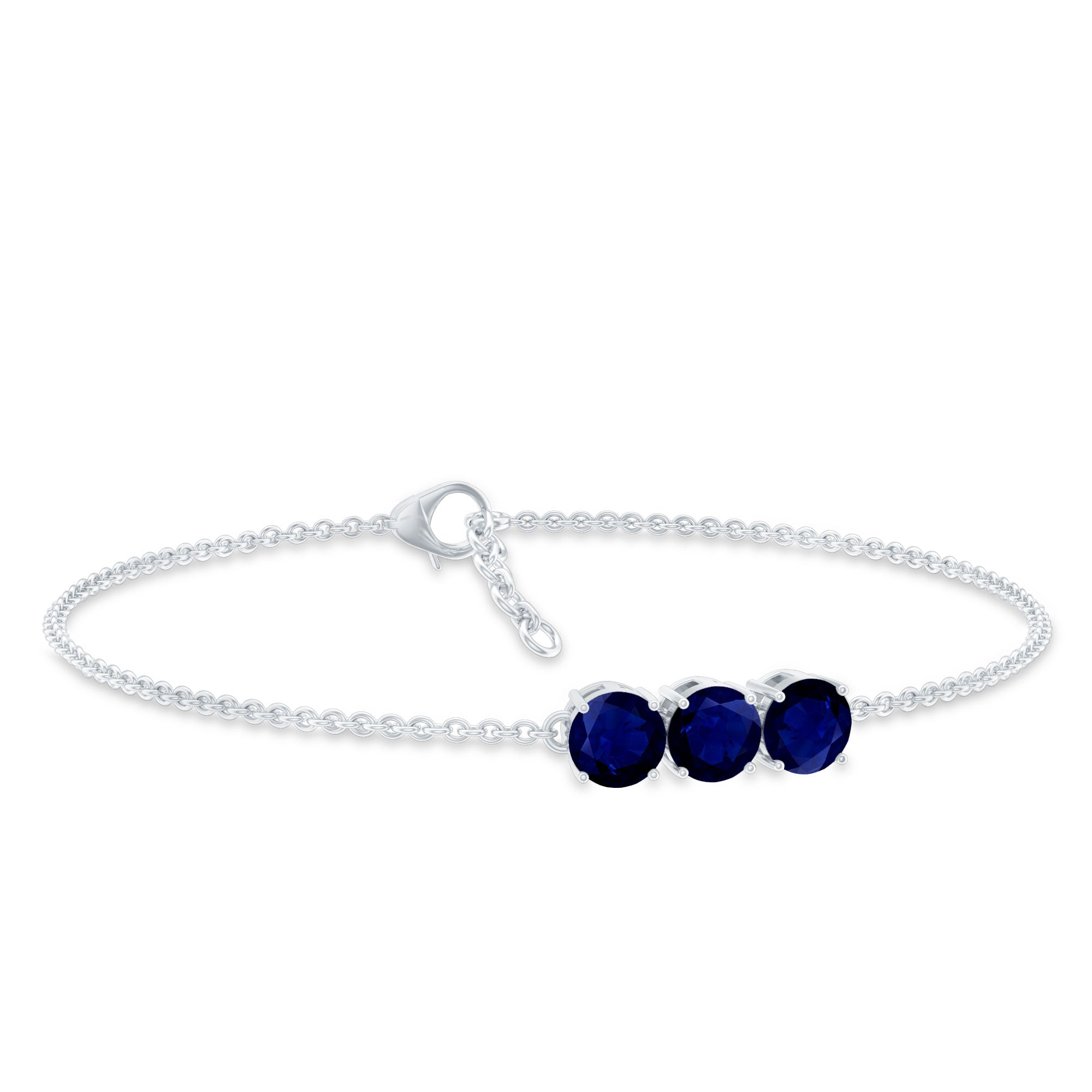 Natural 2.85 Carat Blue Sapphire Three Stone Chain Bracelet