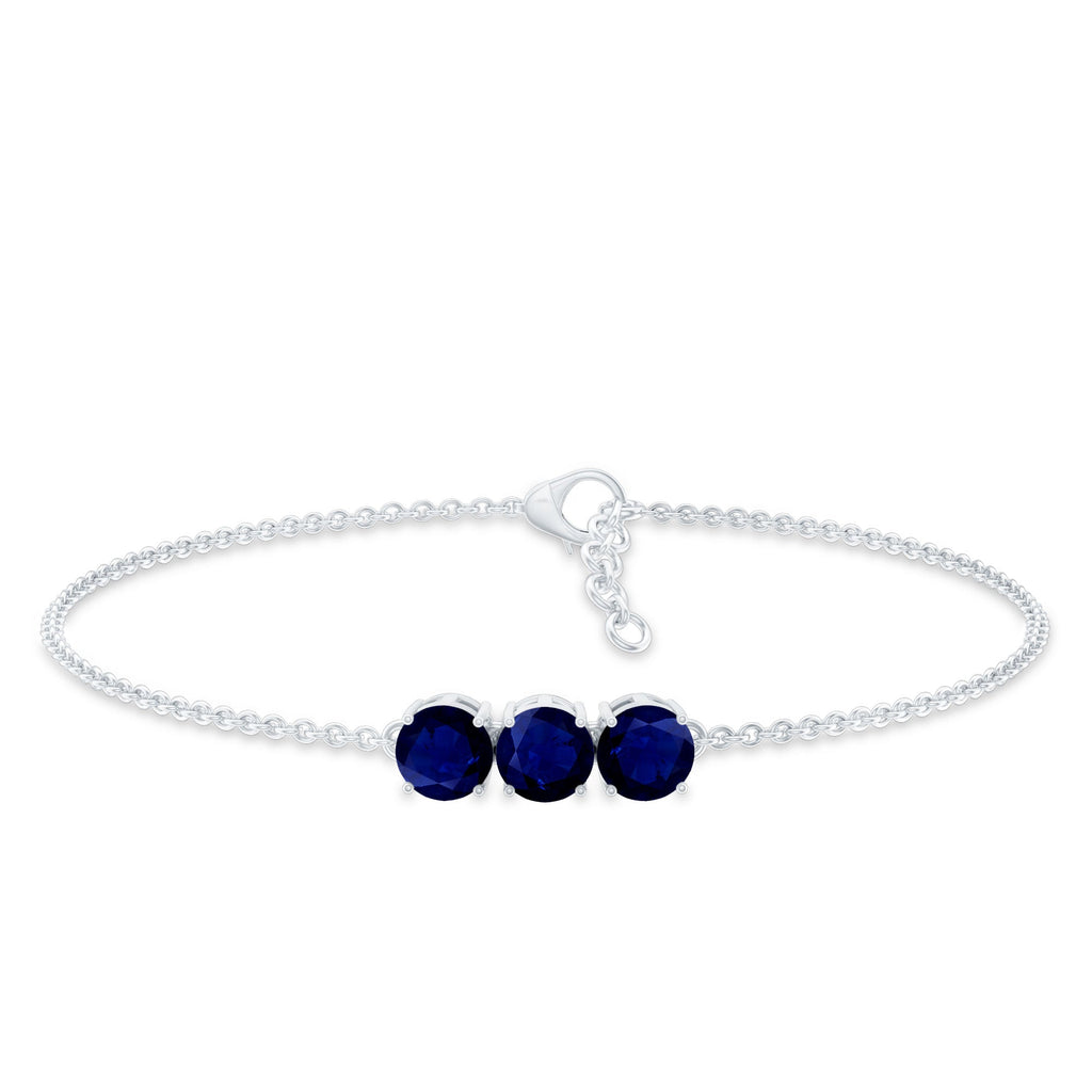 Natural 2.85 Carat Blue Sapphire Three Stone Chain Bracelet