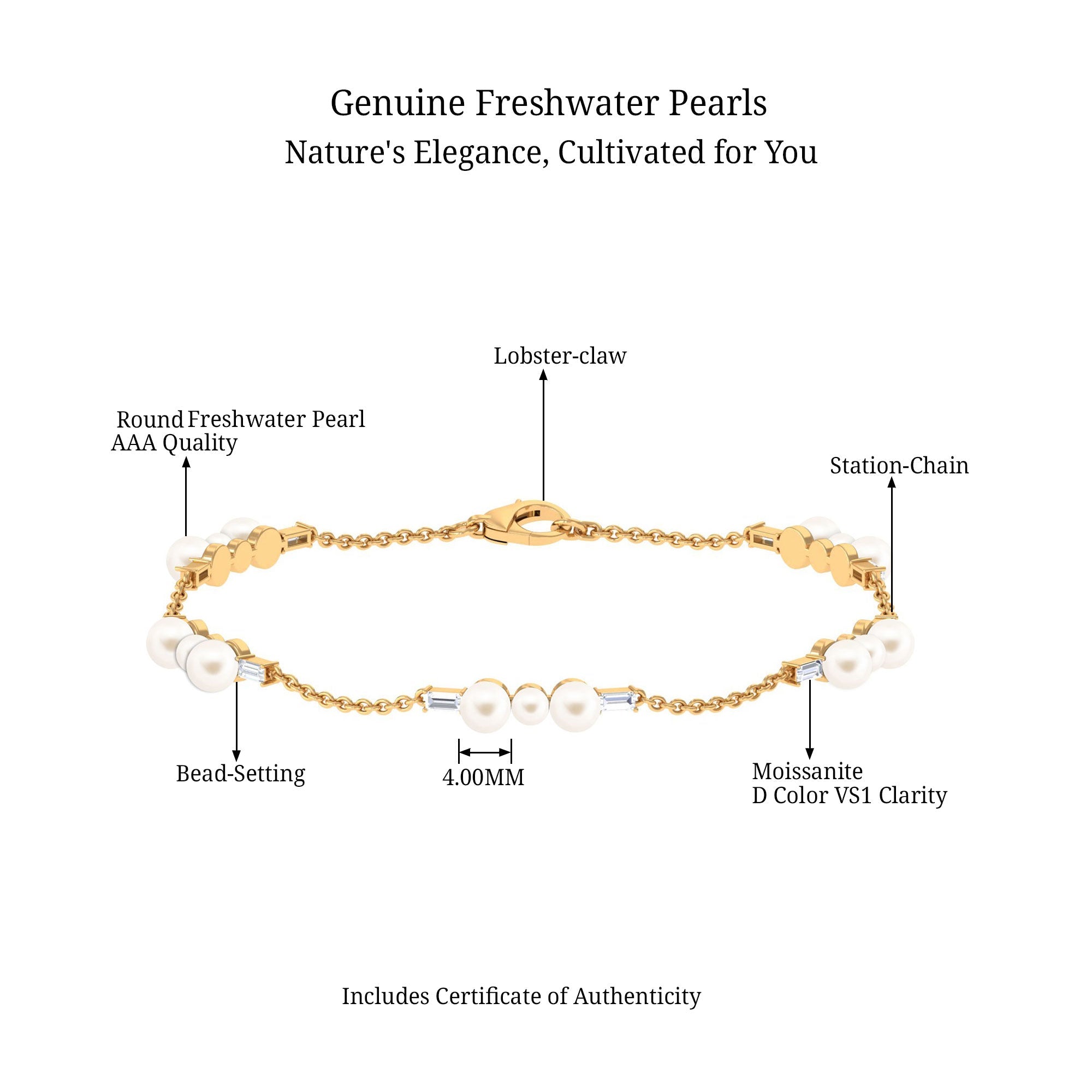 7.4 Carat Certified Freshwater Pearl Station Bracelet with Moissanite