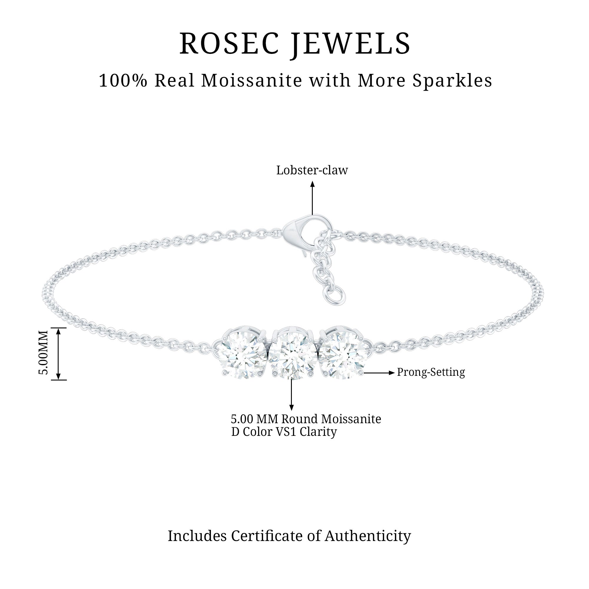 1.5 Carat Three Stone Moissanite Chain Bracelet