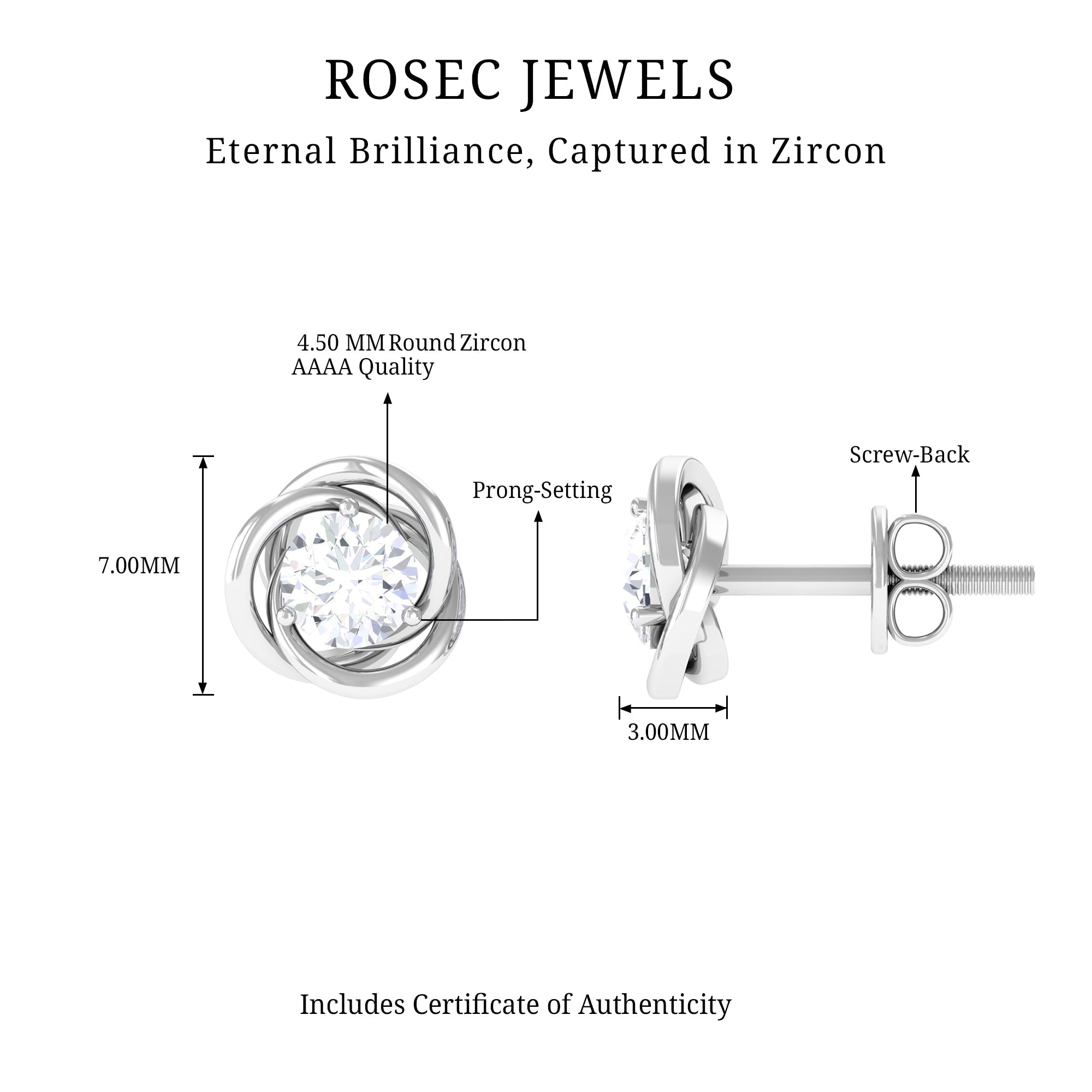3/4 CT Zircon Solitaire Stud Earrings with Swirl Details