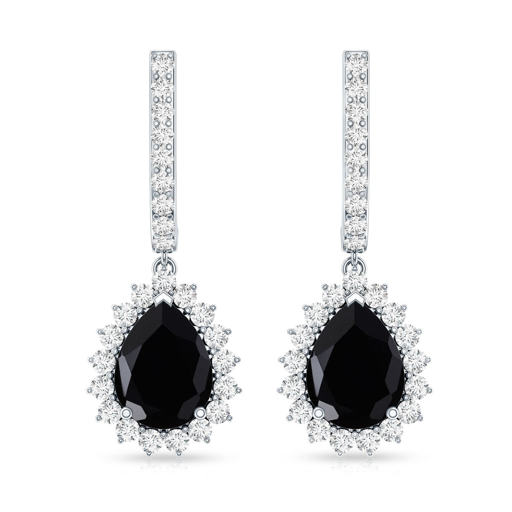 Natural 6X8mm Black Spinel Teardrop Earrings with Moissanite Halo