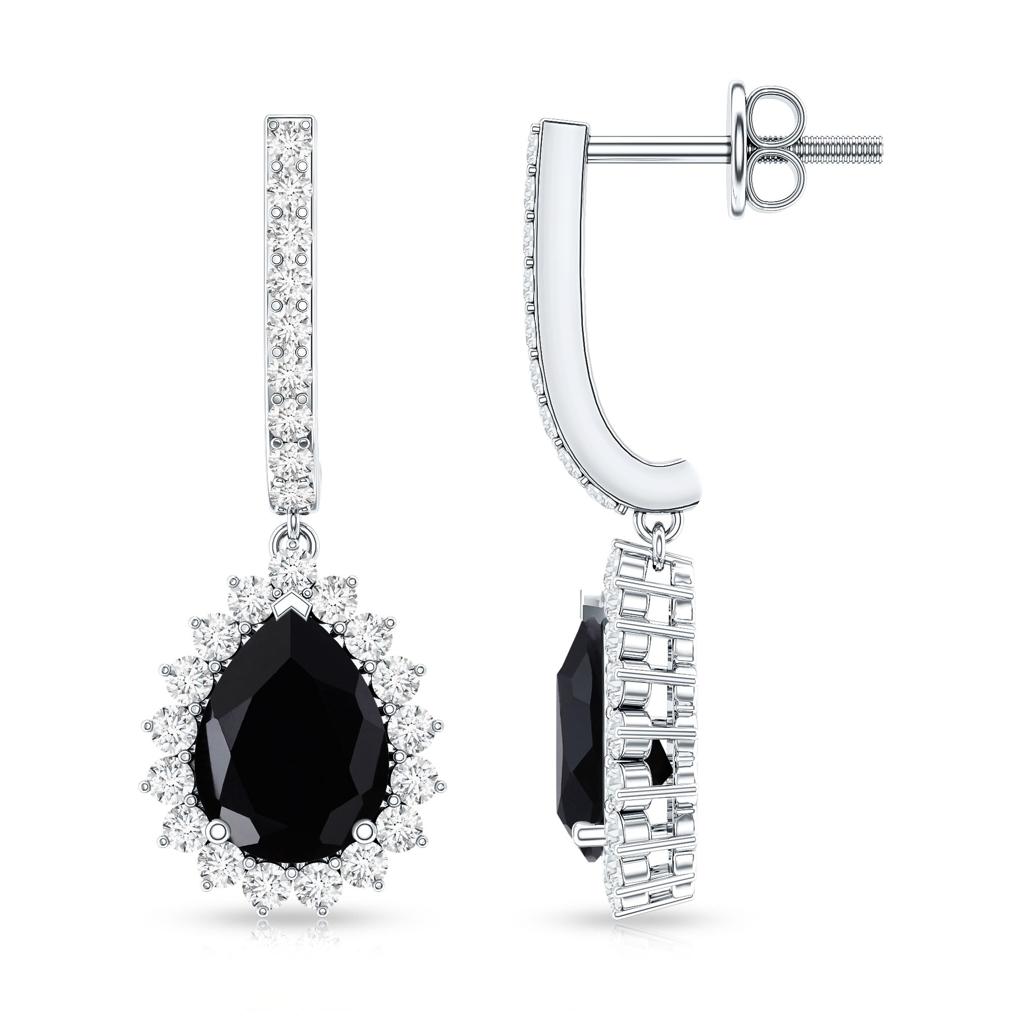 Natural 6X8mm Black Spinel Teardrop Earrings with Moissanite Halo