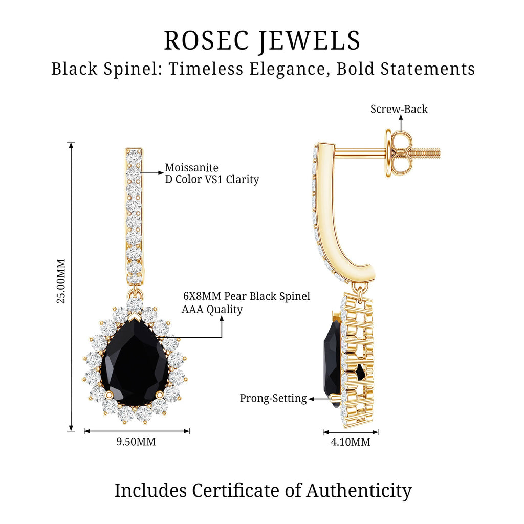 Natural 6X8mm Black Spinel Teardrop Earrings with Moissanite Halo