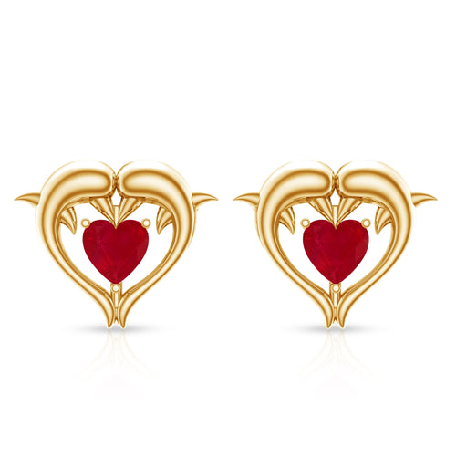 0.94 Carat Heart Shape Ruby Dolphin Stud Earrings