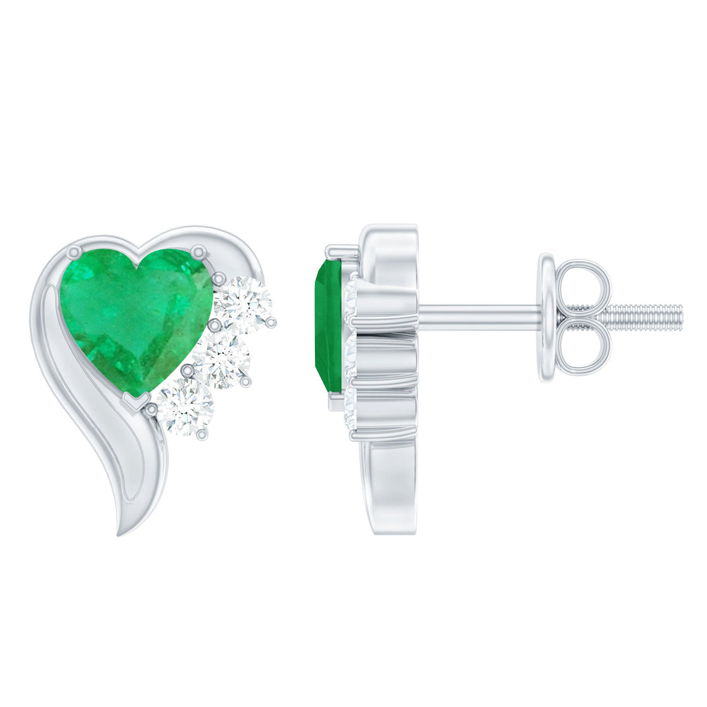 Real Emerald and Diamond Heart Stud Earrings