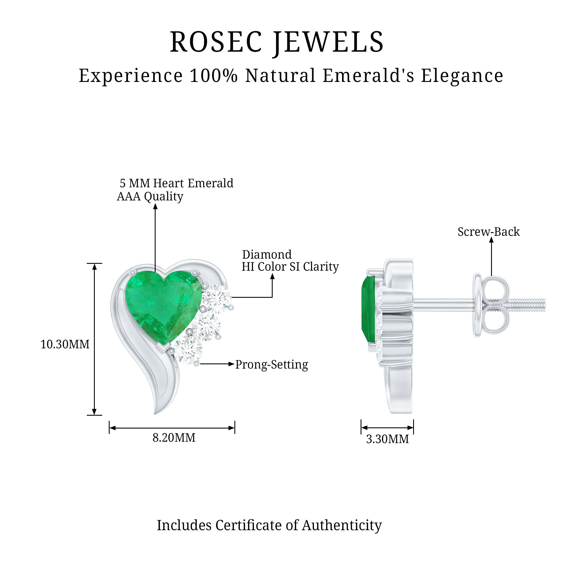 Real Emerald and Diamond Heart Stud Earrings