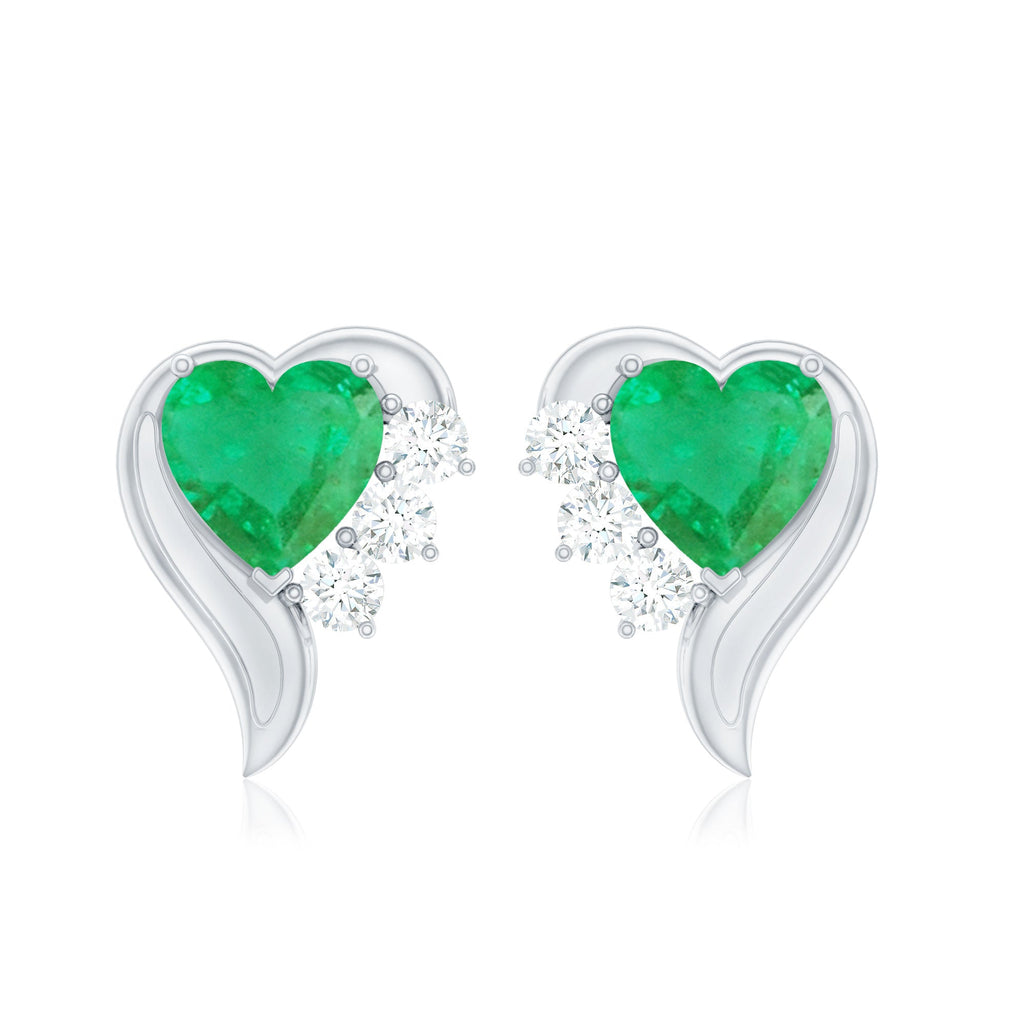 Real Emerald and Diamond Heart Stud Earrings