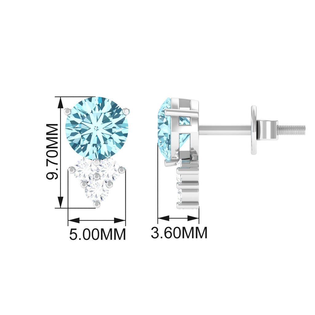 2 CT Natural Aquamarine Stud Earrings with Diamond Trio