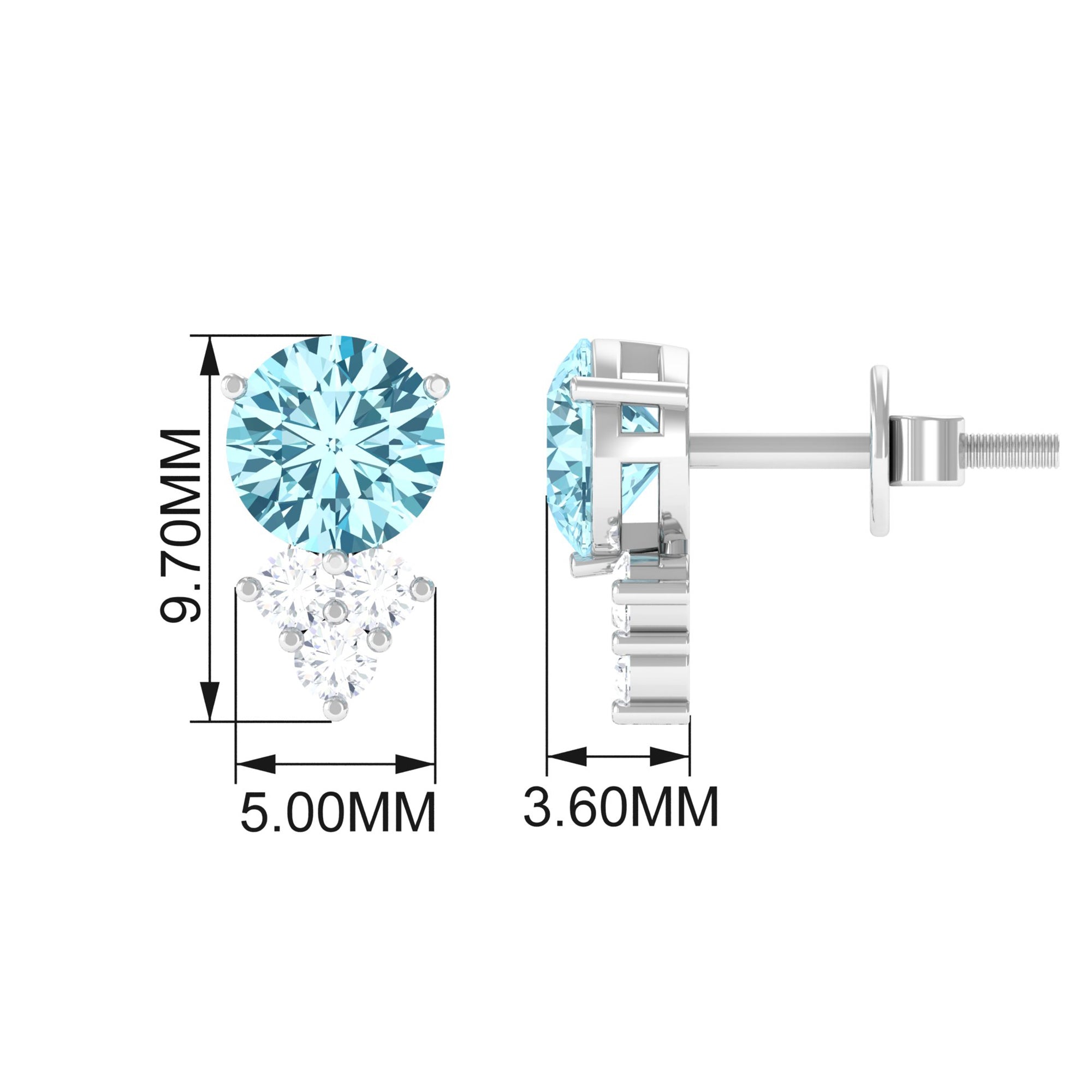 2 CT Natural Aquamarine Stud Earrings with Diamond Trio