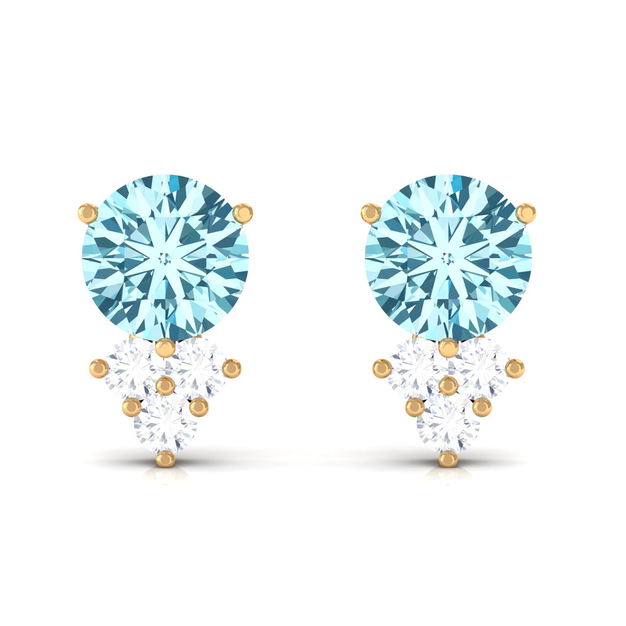 2 CT Natural Aquamarine Stud Earrings with Diamond Trio