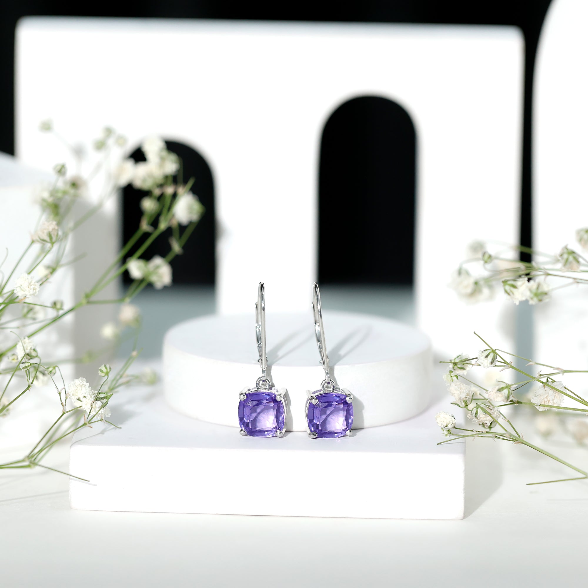 5.5 Carat Cushion Cut Lab Created Tanzanite Solitaire Drop Earrings