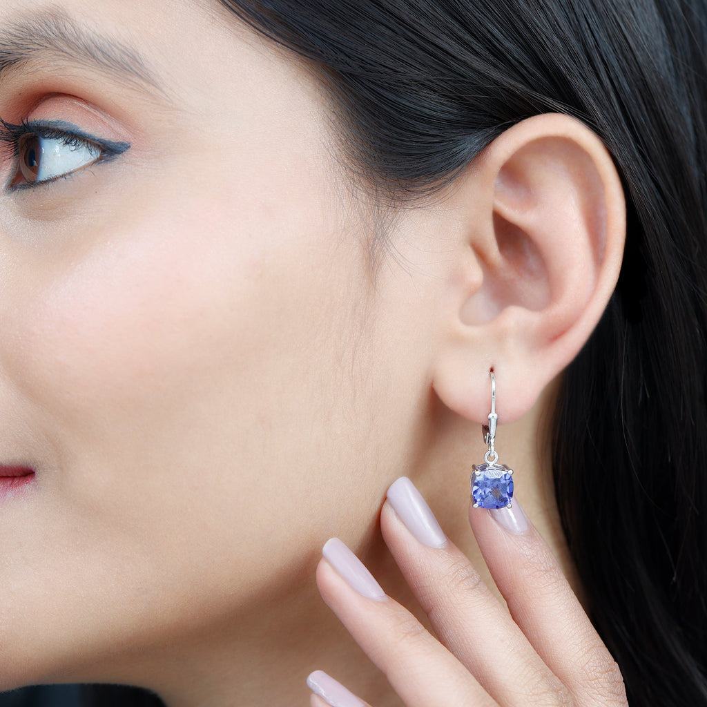5.5 Carat Cushion Cut Lab Created Tanzanite Solitaire Drop Earrings