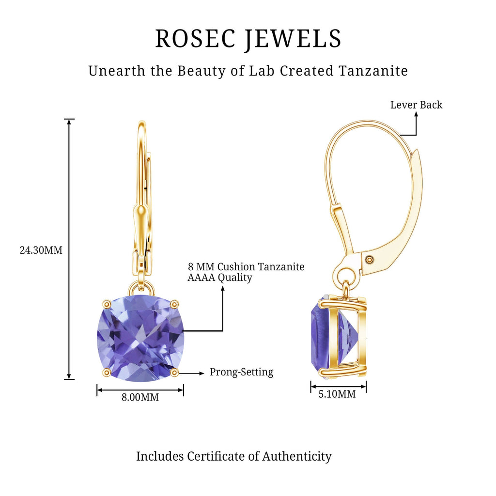 5.5 Carat Cushion Cut Lab Created Tanzanite Solitaire Drop Earrings
