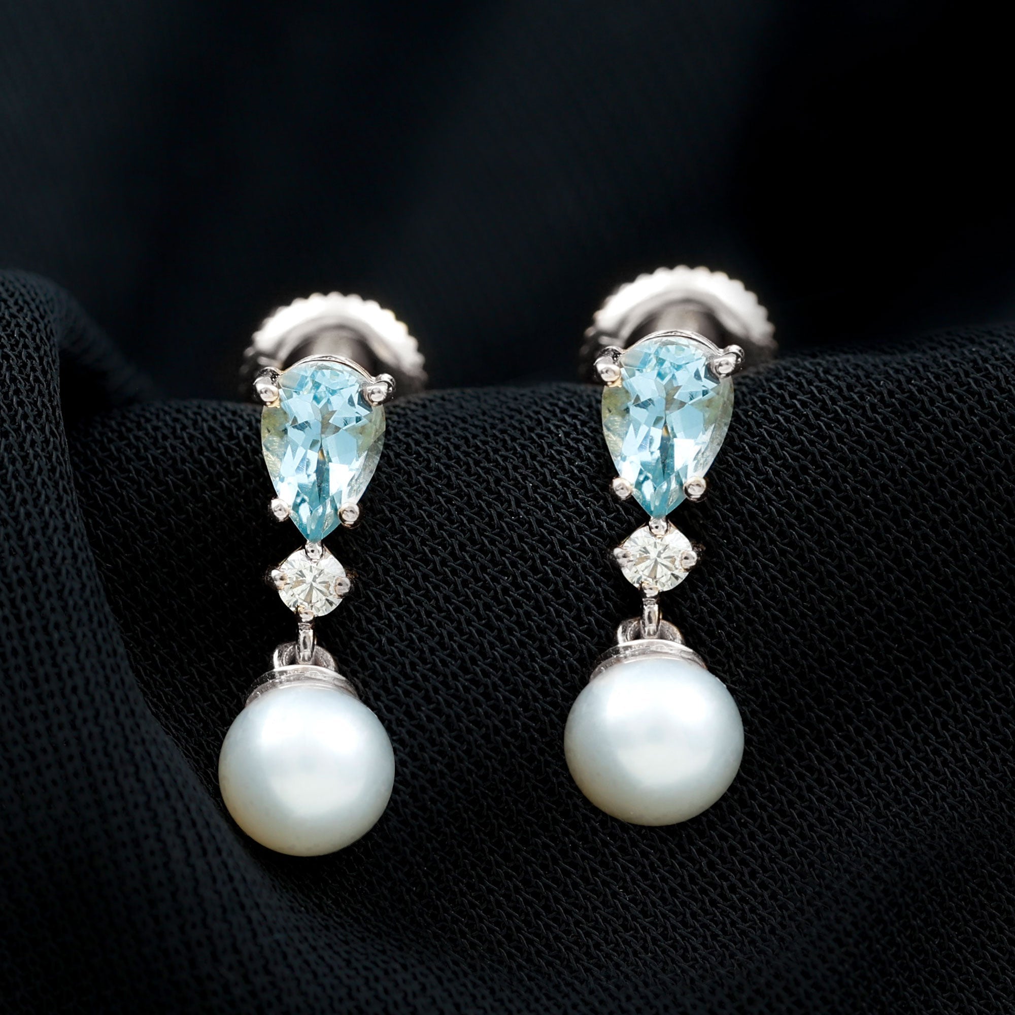 Handpicked Pearl Drop Earrings with Aquamarine and Moissanite