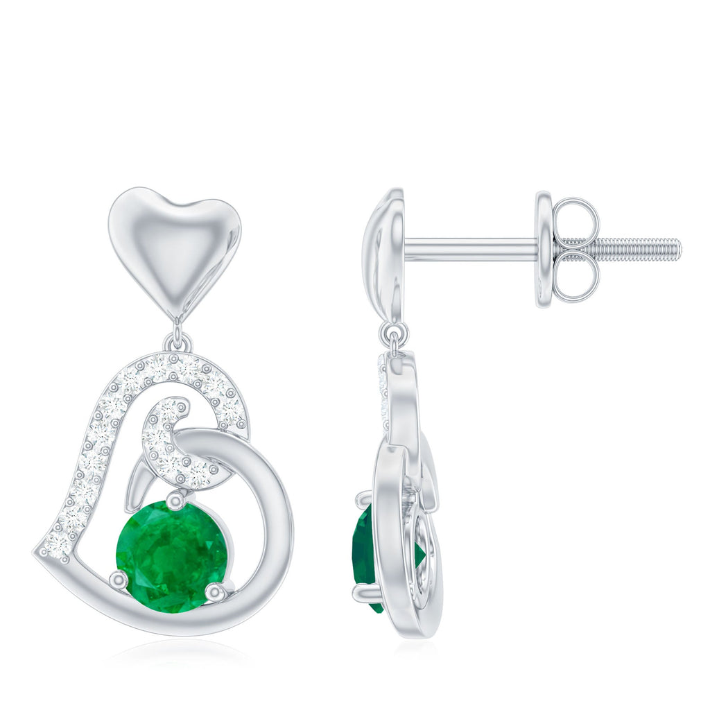 0.9 Carat Round Emerald and Diamond Heart Drop Earrings