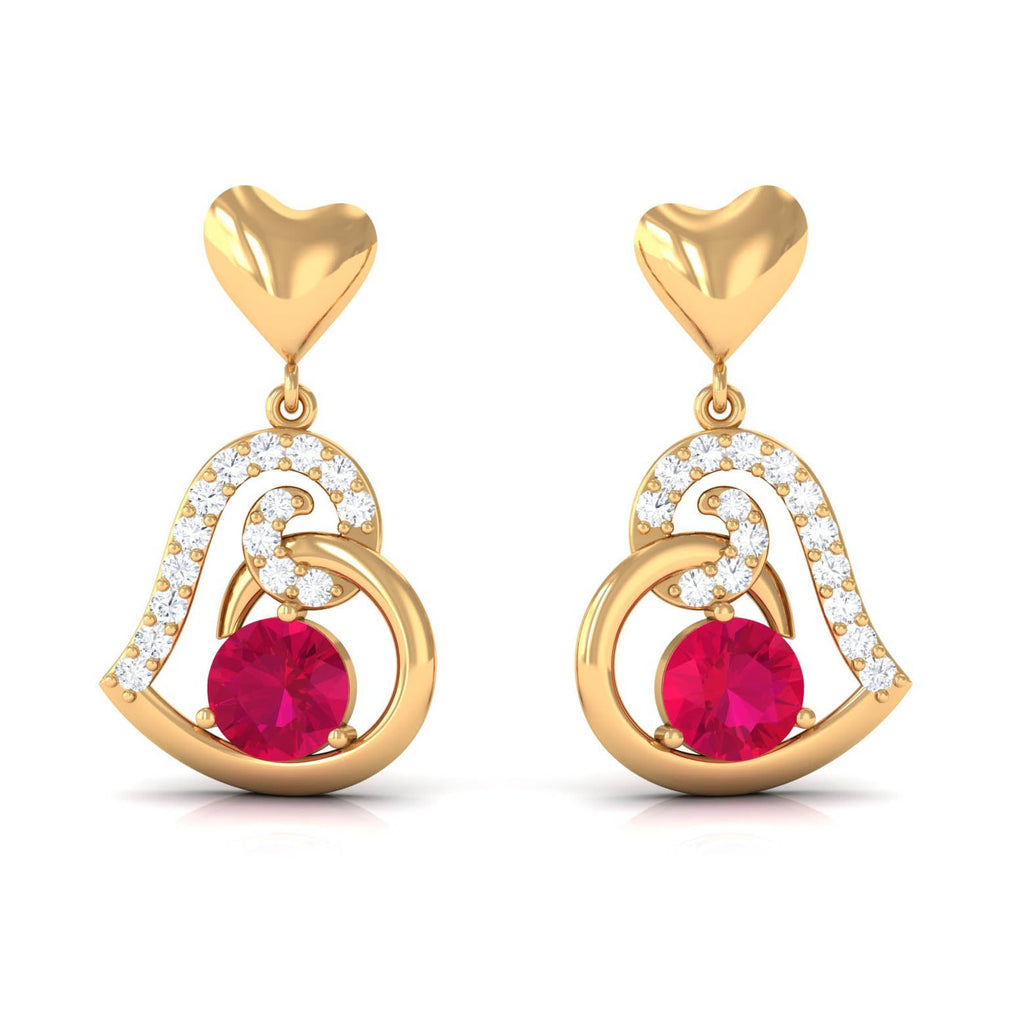 Round Ruby Heart Drop Earring with Diamond Accent