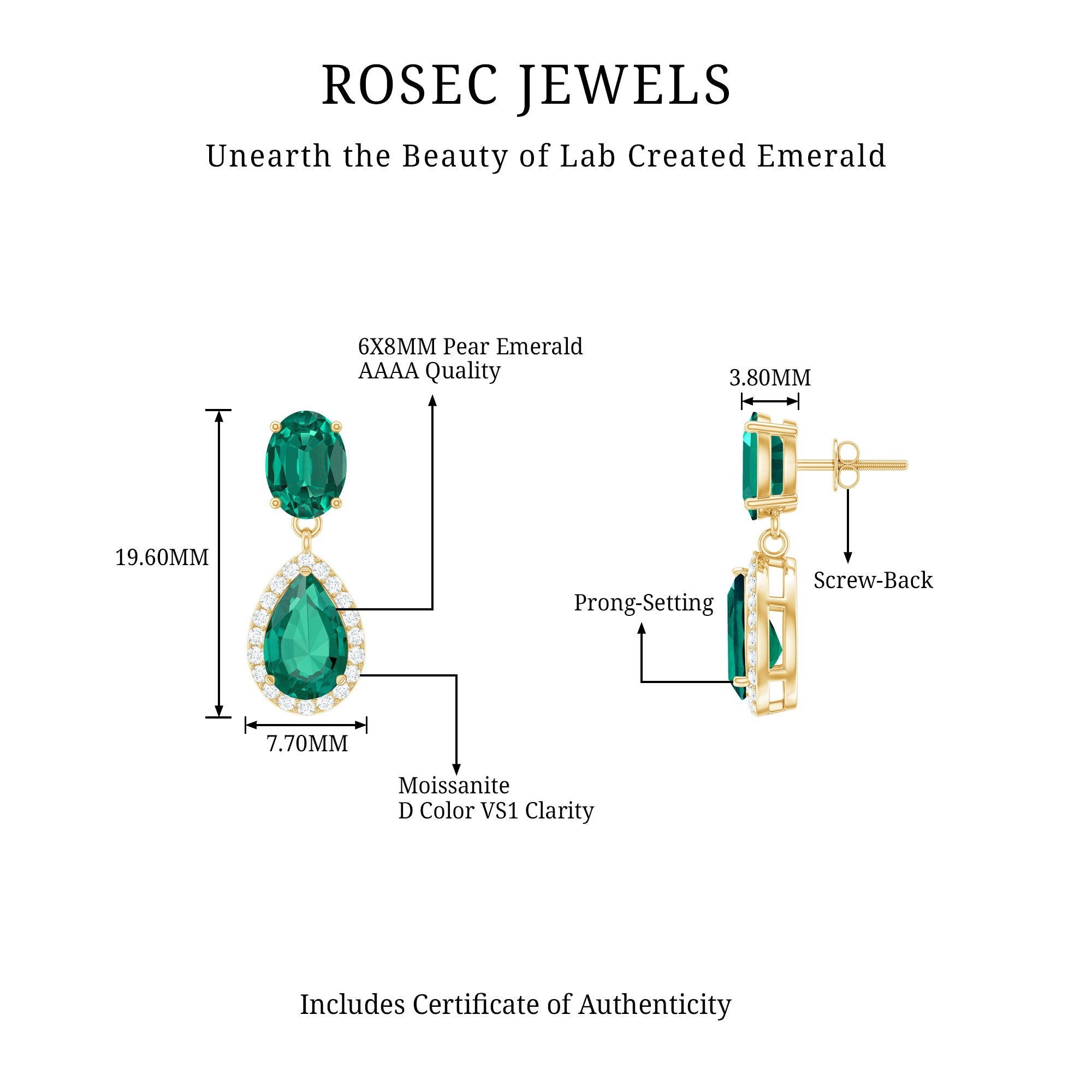 Lab Created Emerald Classic Dangle Earrings with Moissanite