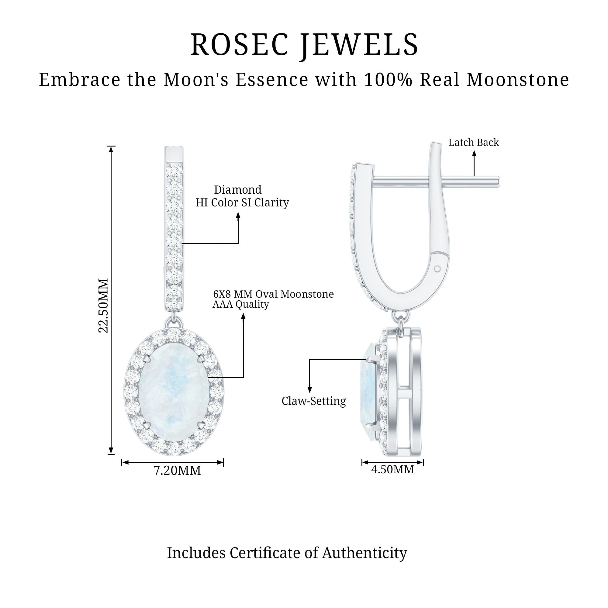 Genuine 1.2 Carat Oval Moonstone Drop Hoop Earrings with Diamond