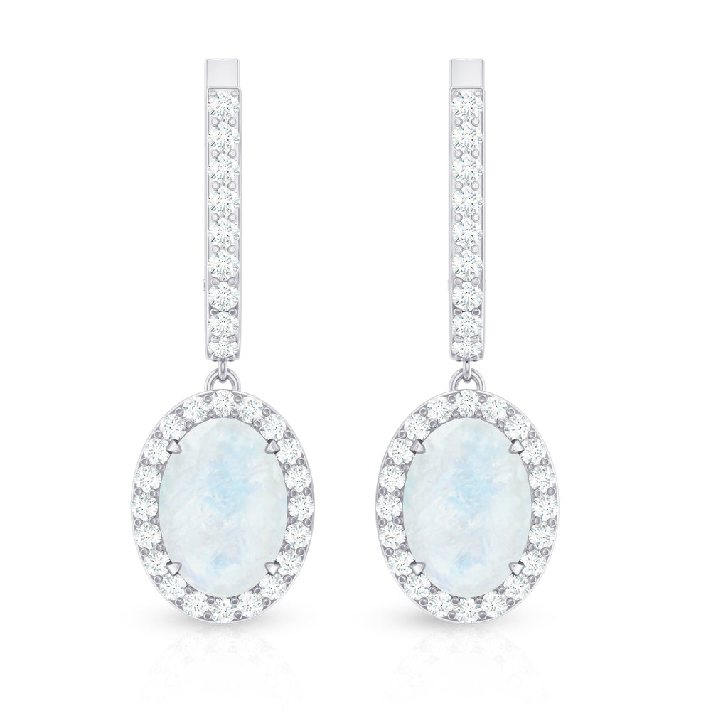 Genuine 1.2 Carat Oval Moonstone Drop Hoop Earrings with Diamond