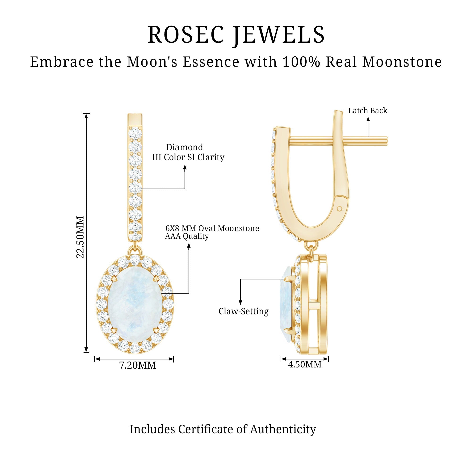 Genuine 1.2 Carat Oval Moonstone Drop Hoop Earrings with Diamond