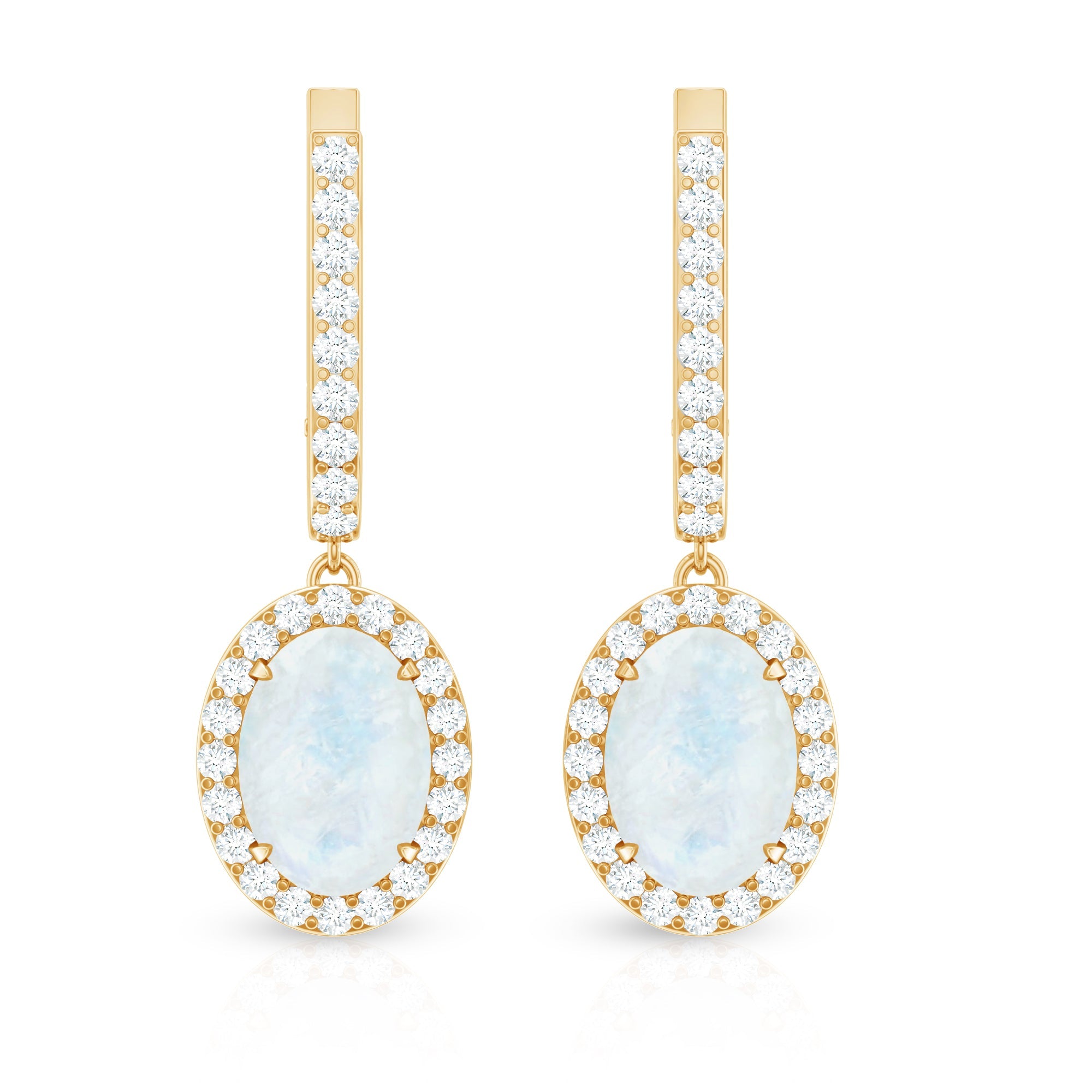 Genuine 1.2 Carat Oval Moonstone Drop Hoop Earrings with Diamond