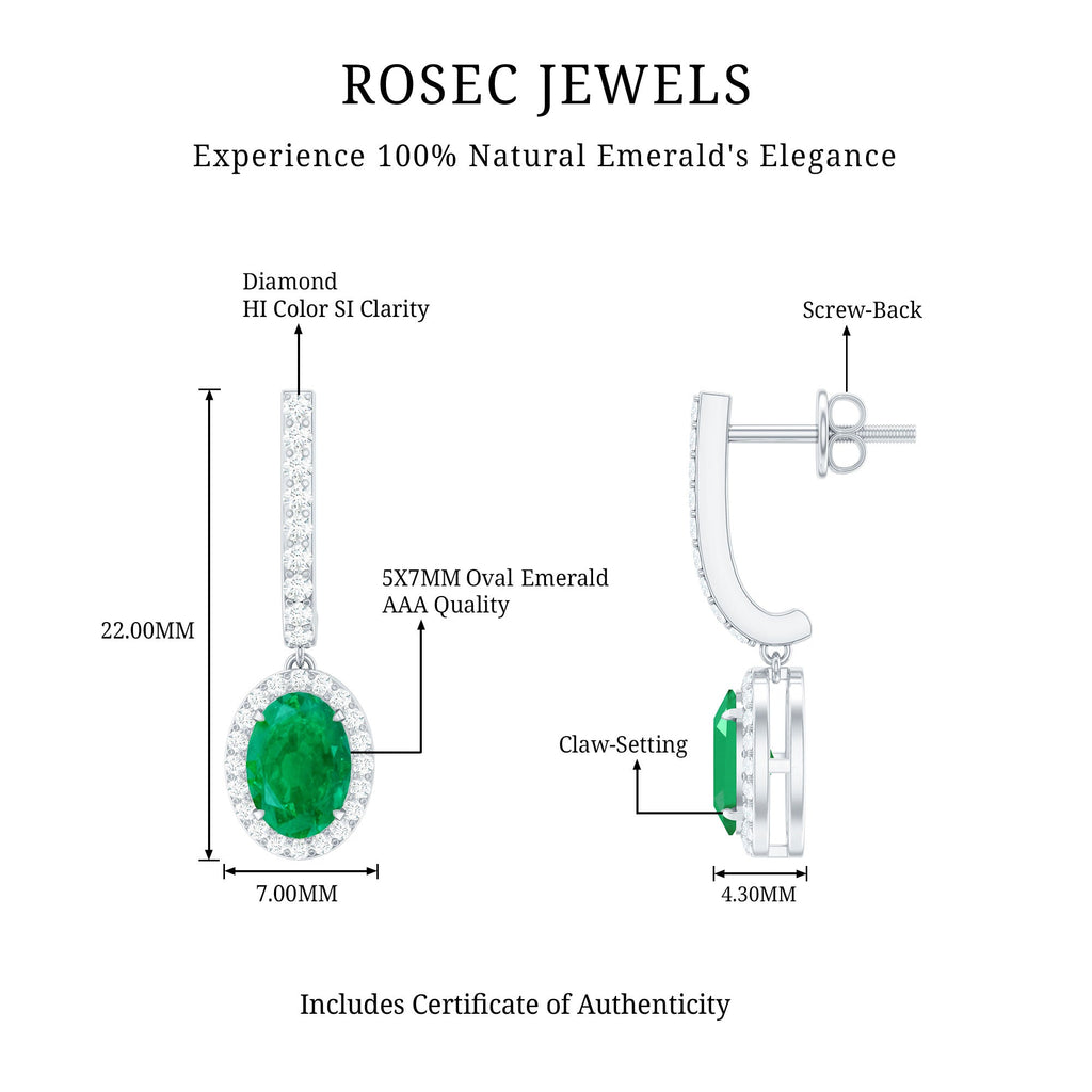 Oval Shape Emerald Hoop Drop Earrings with Diamond Halo
