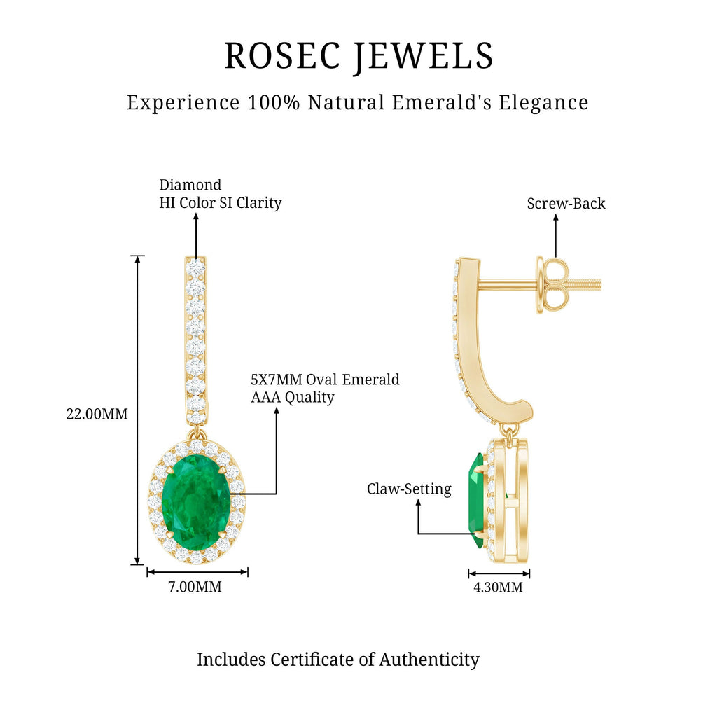 Oval Shape Emerald Hoop Drop Earrings with Diamond Halo