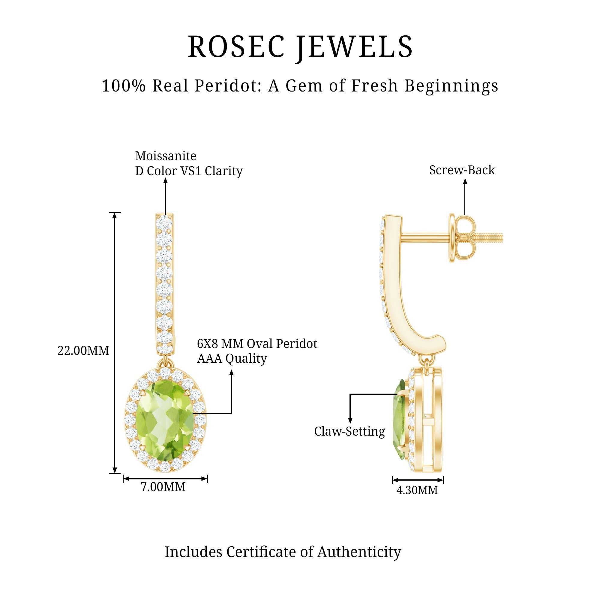 2 Carat Claw Set Peridot and Moissanite Drop Hoop Earrings